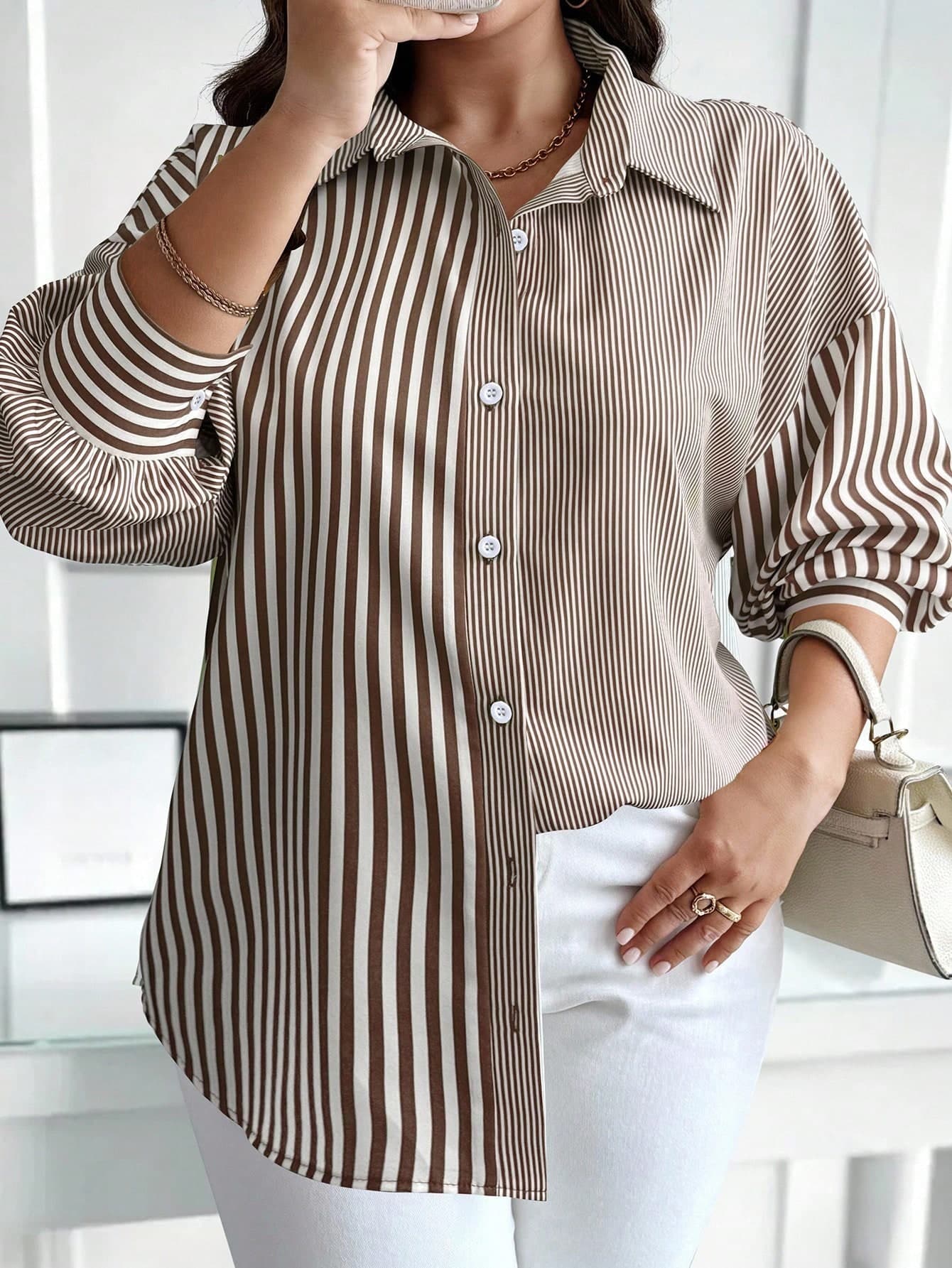 Calvaya Plus Size Striped Button-Front Long Sleeve Shirt, Suitable For Commuting, Autumn Fall