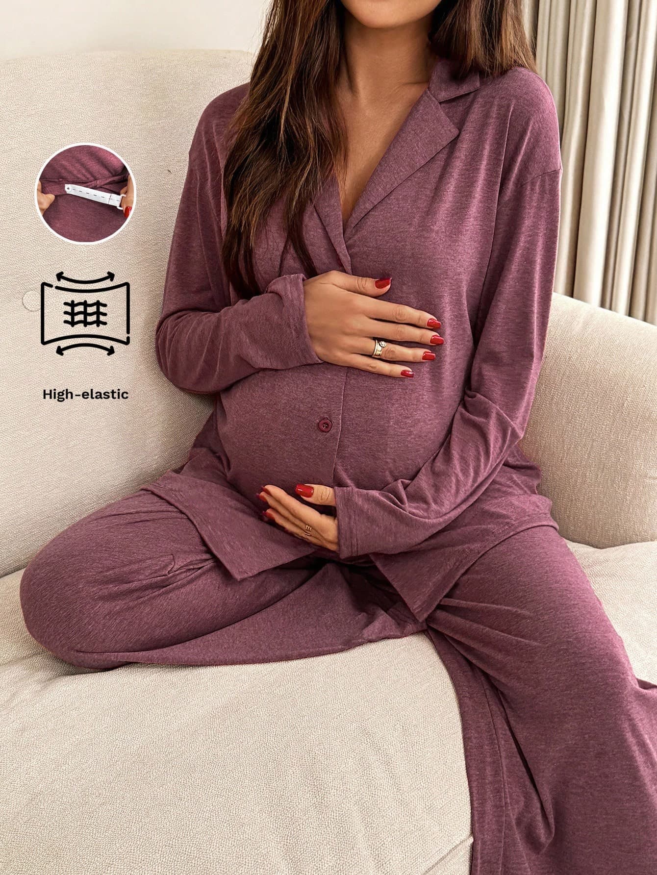 Slowluna 2pcs Maternity Solid Color Casual Long Sleeve Top And Pants Set,High-Elastic Sleepwear Maroon Winter Loungewear Women 2 Pieces Lounge Sets Burgundy