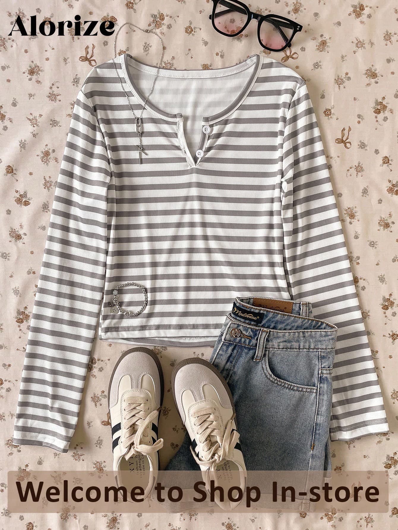 Teen Girl White Y2k Striped Long Sleeve V-Neck Button Front Top,Cute Casual Versatile Tops For School,Work,Travel,Holiday,Autumn,Back-To-School Shirts