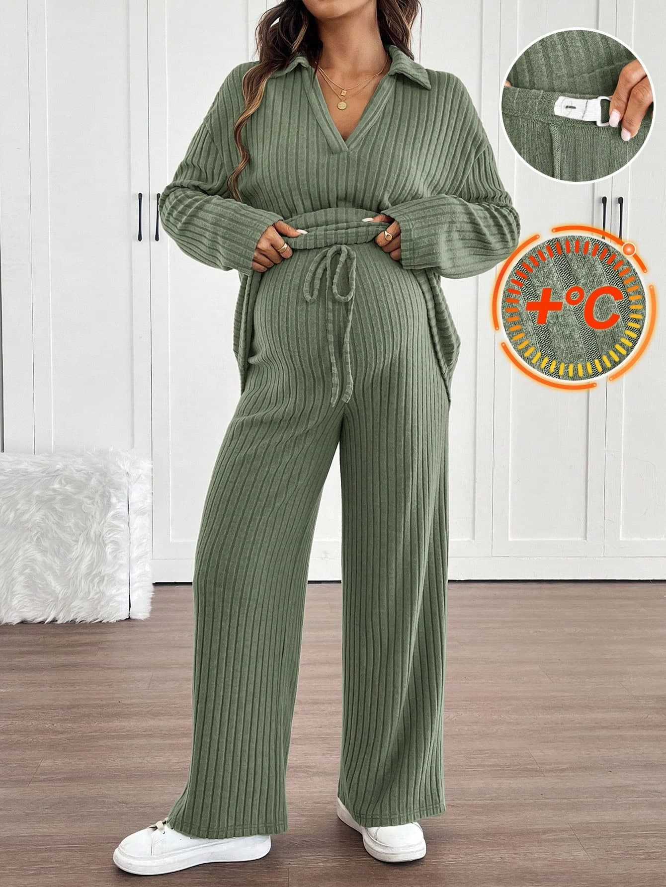 SHEIN 2pcs Maternity Set,Sage Green Autumn Casual Everyday Raglan Sleeve Shirt With Collar & Adjustable Waist Straight Leg Pants,Loose Fit Comfy Lounge Set