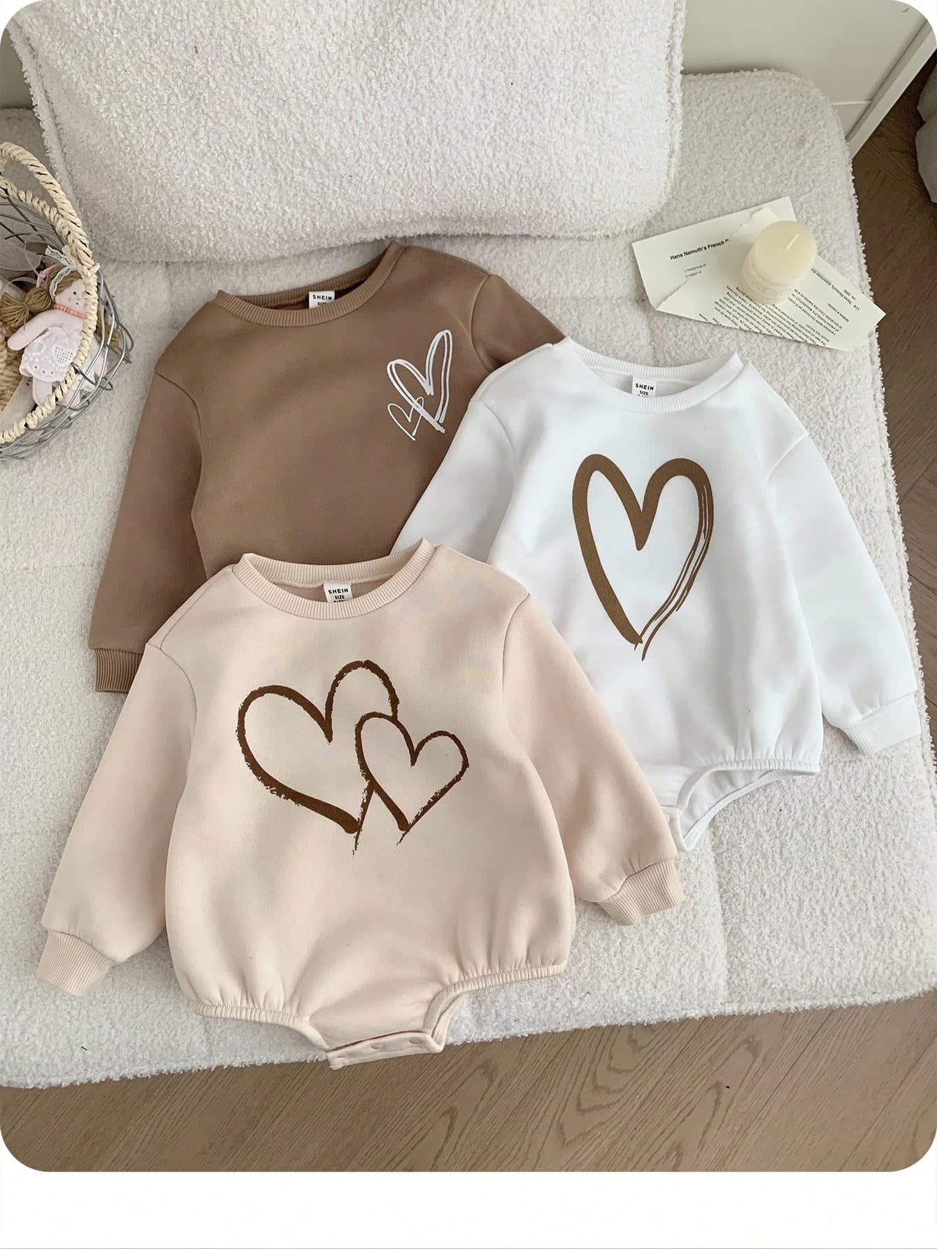 3pcs Newborn Baby Girl Bodysuit, Autumn/Winter Thermal Lined Knitted Round Neck Long Sleeve Heart Print Bodysuit