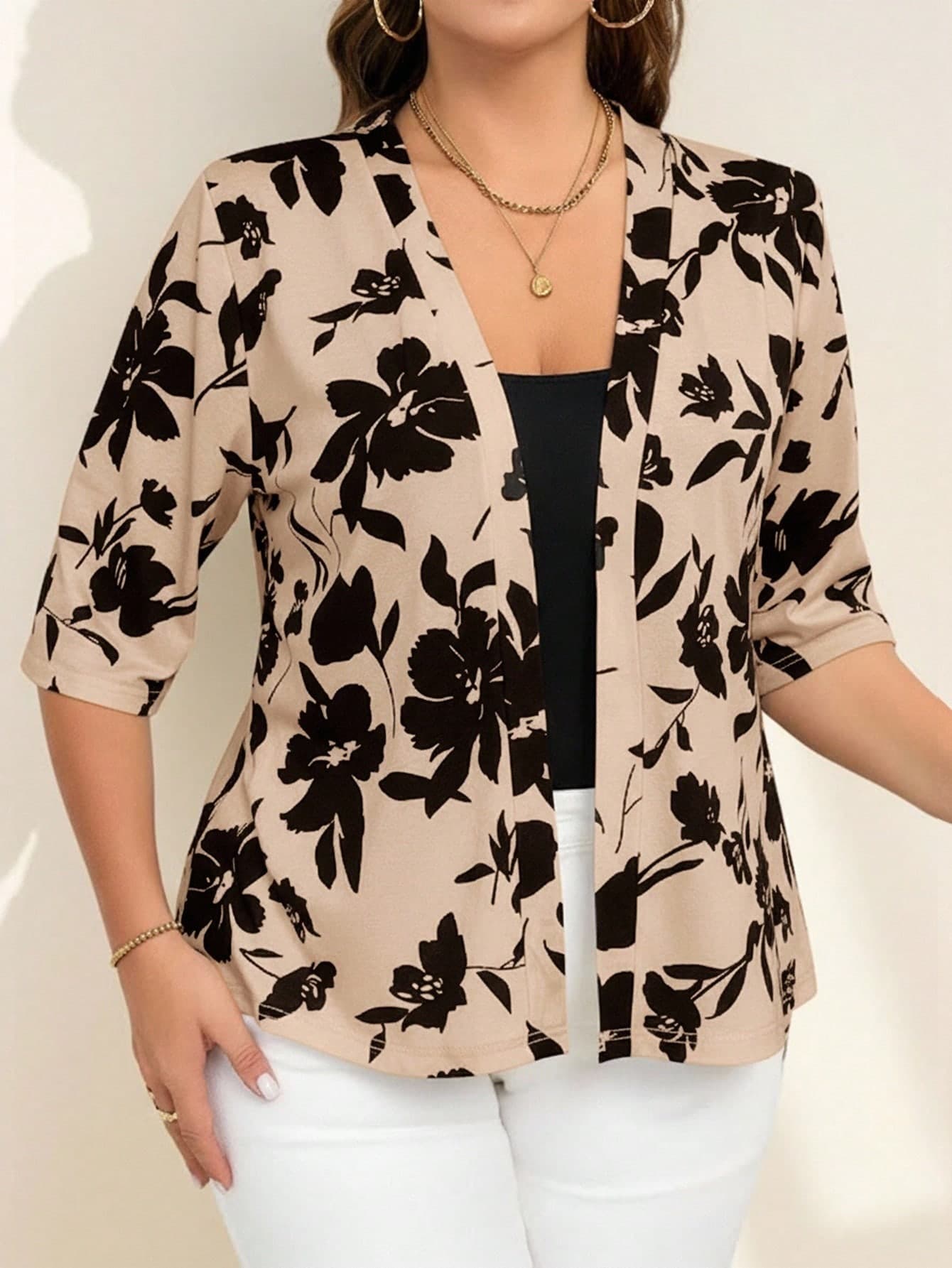 Reflora Plus Size Elegant Black & White Print Front-Open Jacket, Suitable For Teachers In Autumn,Business Casual Woman/Winter Fall