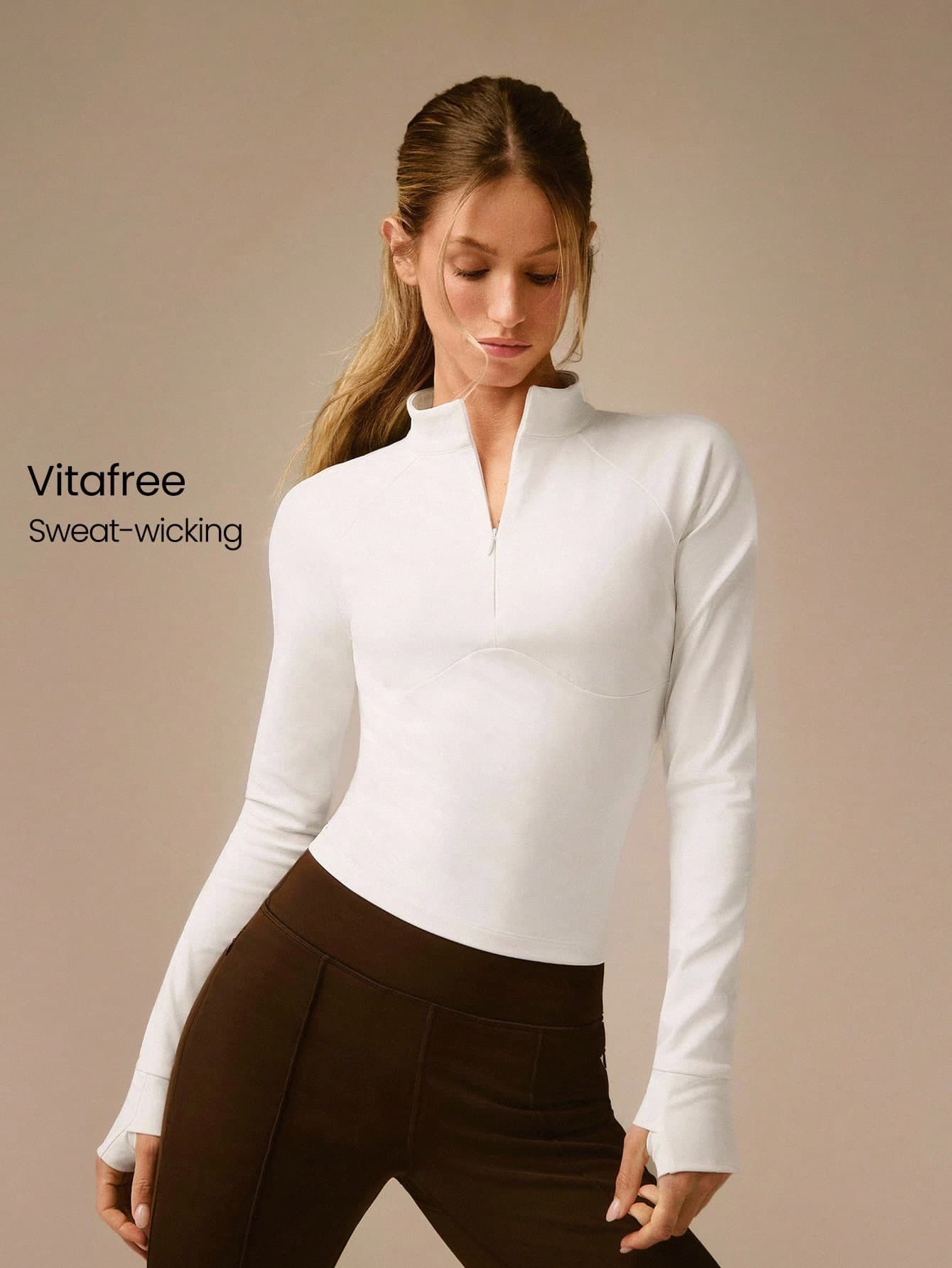 GLOWMODE Slim Fit Warm Waist Length 1/4 Zip Knit Long-Sleeve Top With Thumbholes Running Jogging Hiking Gym Training Daily Active Wear Sweat-Wicking
