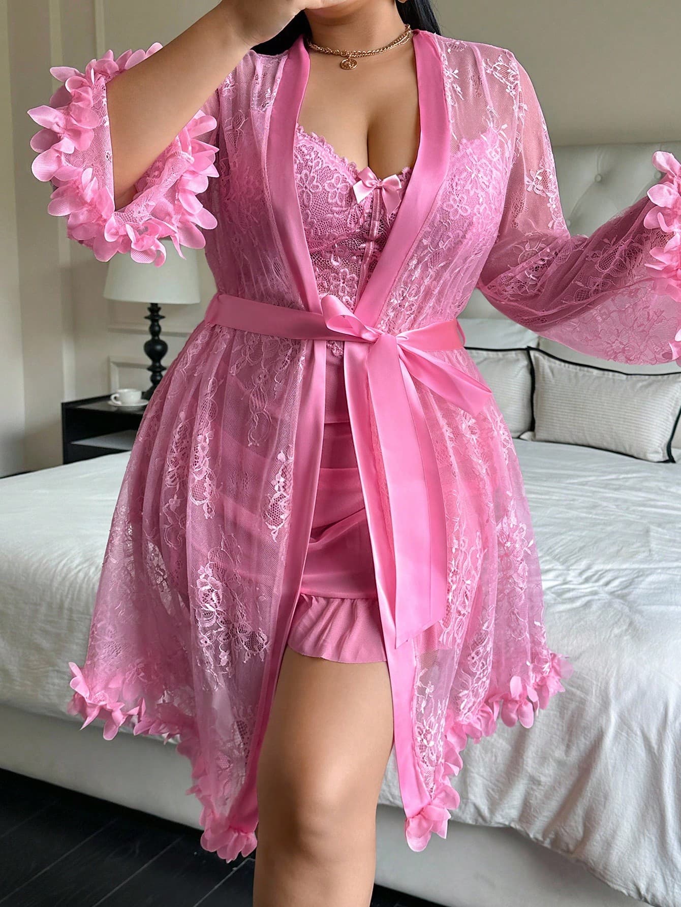Seduluxe 1 Set Plus Size Lace Robe With 3D Floral Decor + Plus Size Lace Camisole Slip Dress With Waist Cinching Design