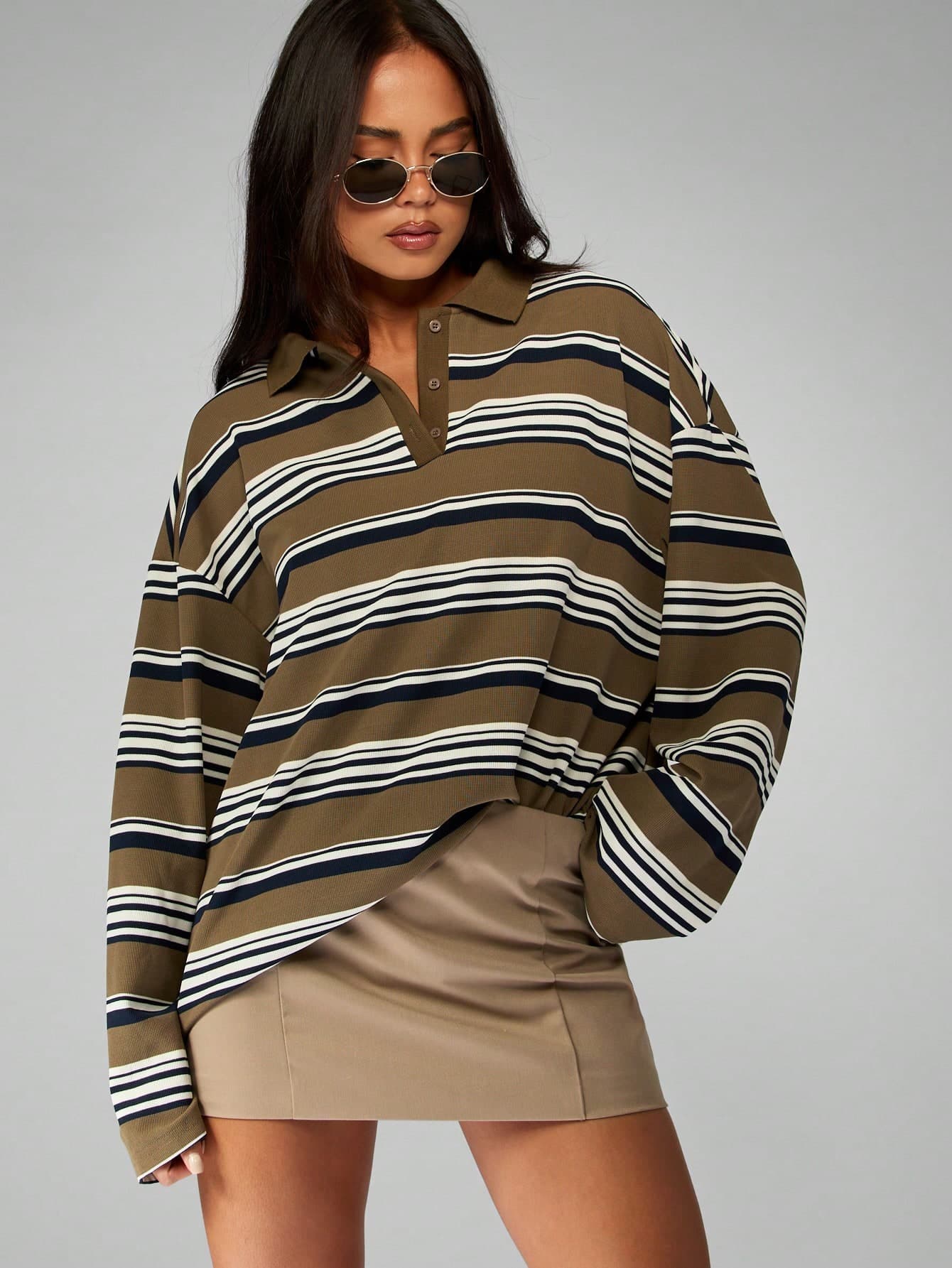 MISSGUIDED Retro Oversized Striped Rugby Polo Long Sleeve Collared Pullover Casual Fall Winter Streetwear Preppy Style Relaxed Fit Drop Shoulder Top