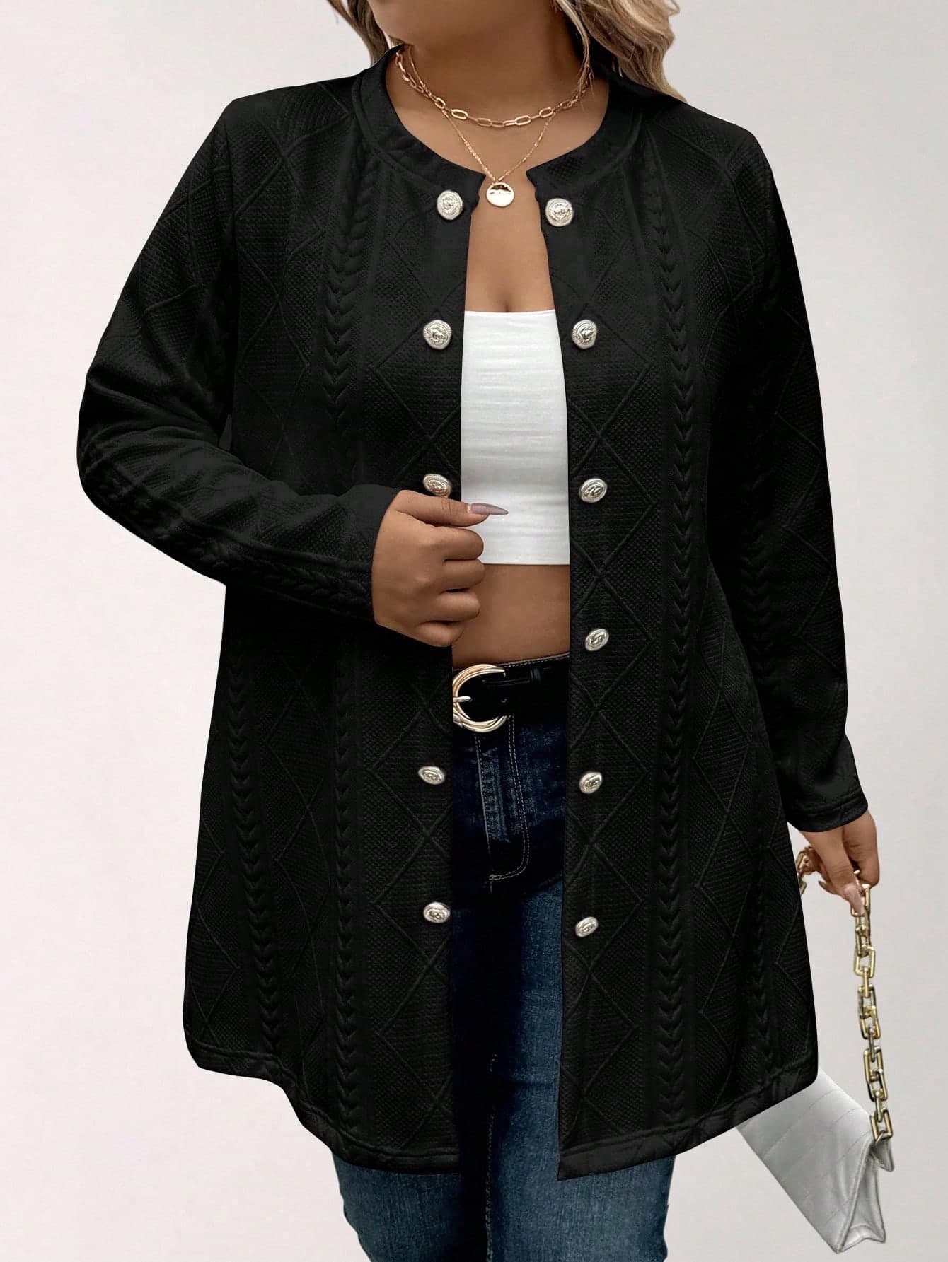 SHEIN LUNE Plus Size Solid Color Button Decor Long Sleeve Knit Cardigan Fall