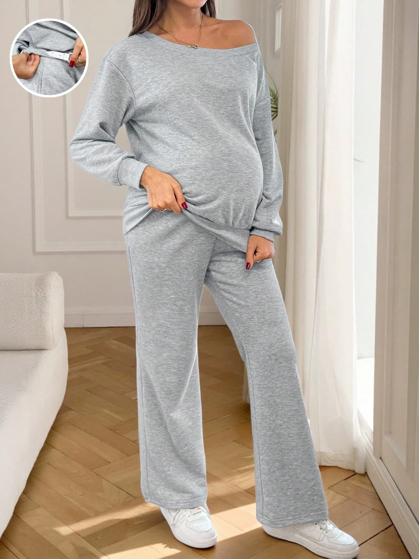 SHEIN 2pcs Maternity Casual Oblique Shoulder Sweatshirt & Pants Set,Light Blue,Autumn,Photoshoot,Women Comfy Lounge Two Pieces Set,Grey Two Pieces Set