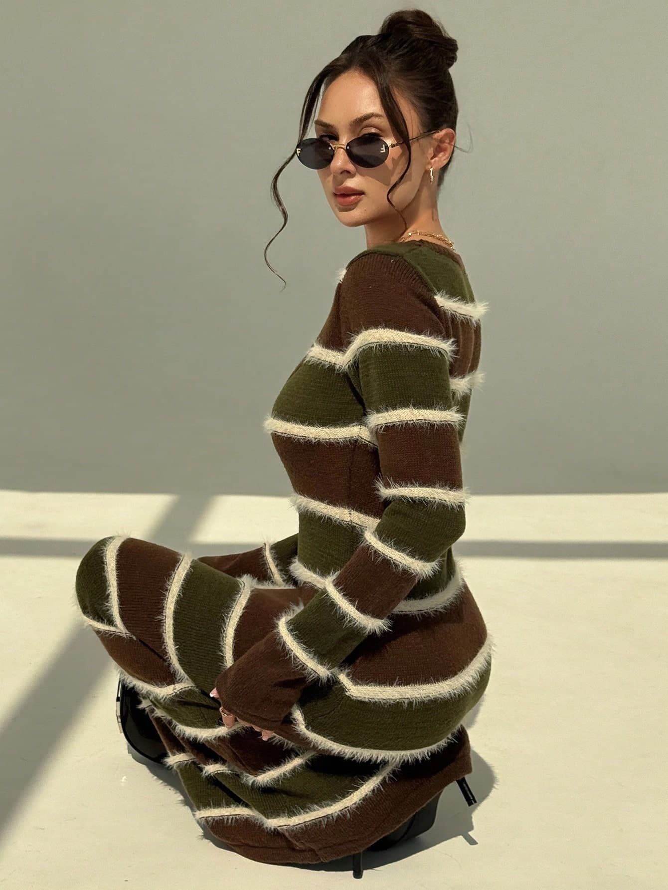 Aloruh Women's Chic Olive Green Winter Retro Striped Slim Knitted Sweater Dress,Long Sleeve U Neck Contrast Color Bottoming Dress For Date Night Out