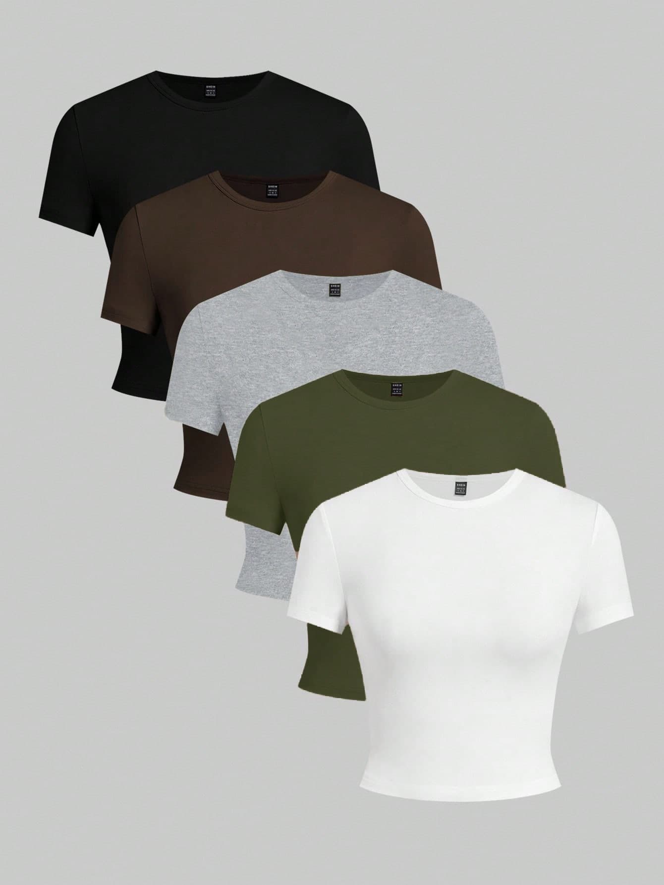 SHEIN EZwear 5pcs/Set Basic Solid Color Slim Fit Short Sleeve T-Shirts Basic Tees Women Plain Tshirts Women Pack Of Tops