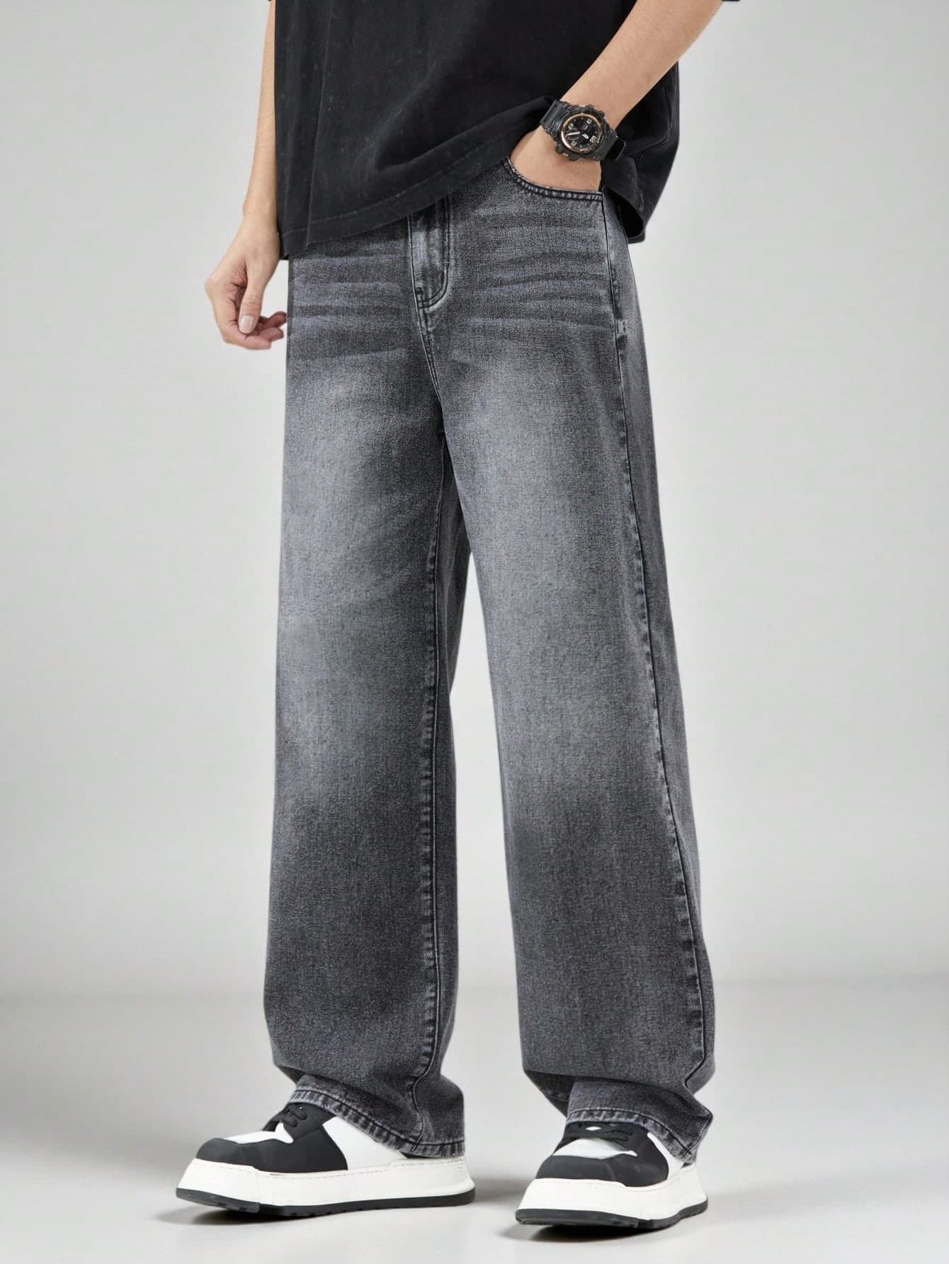 SHEIN Coolqubz Teen Boys' Casual Outdoor Versatile Simple Comfortable Fashion Item Washed Black Cat Whisker Mottled Elastic Waist Loose Straight Wide Leg Jeans
