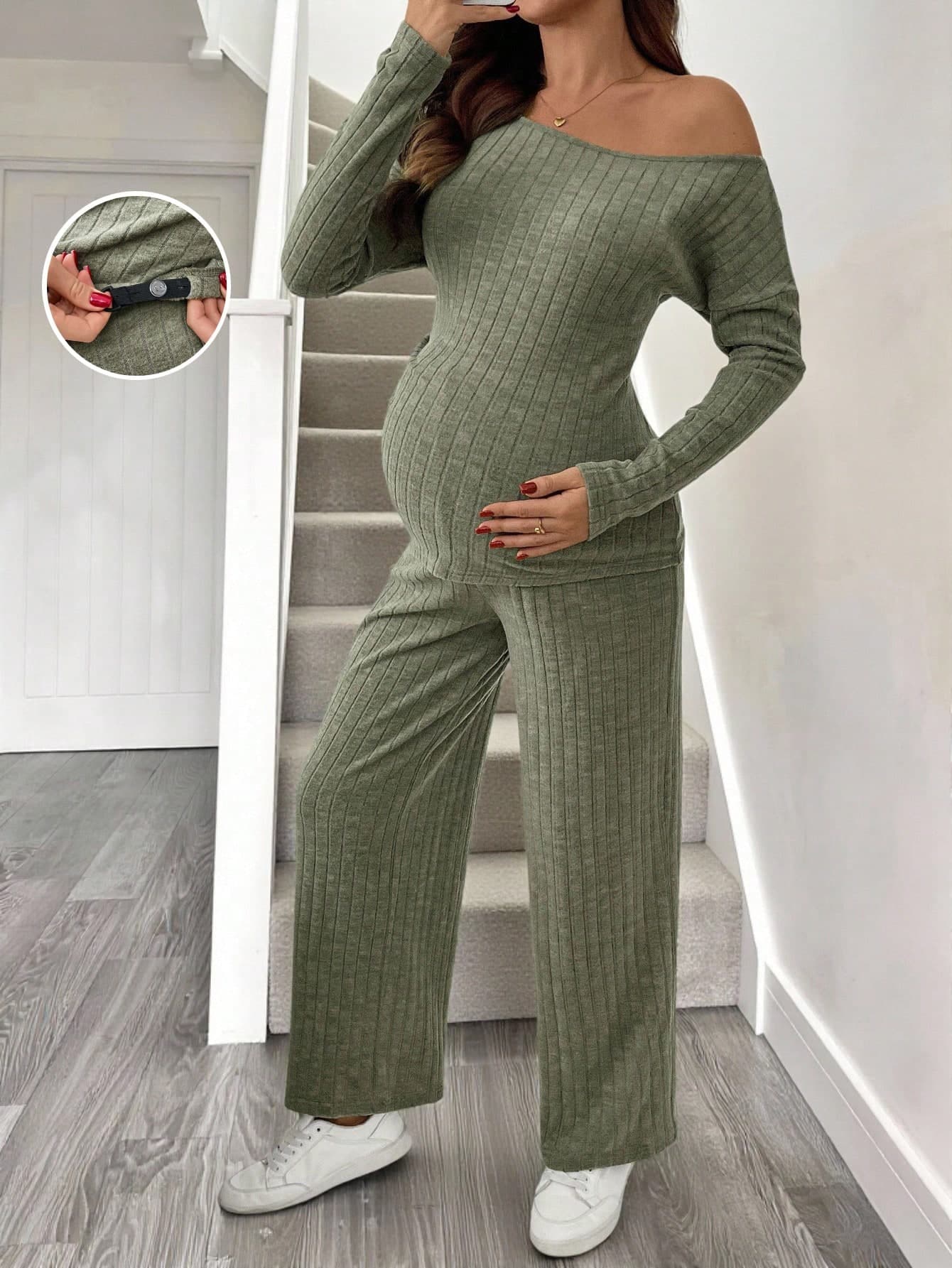 SHEIN Autumn And Winter 2pcs Maternity Set: Solid Color Asymmetric Shoulder Long Sleeve Ribbed T-Shirt And Adjustable Waist Pants, Casual