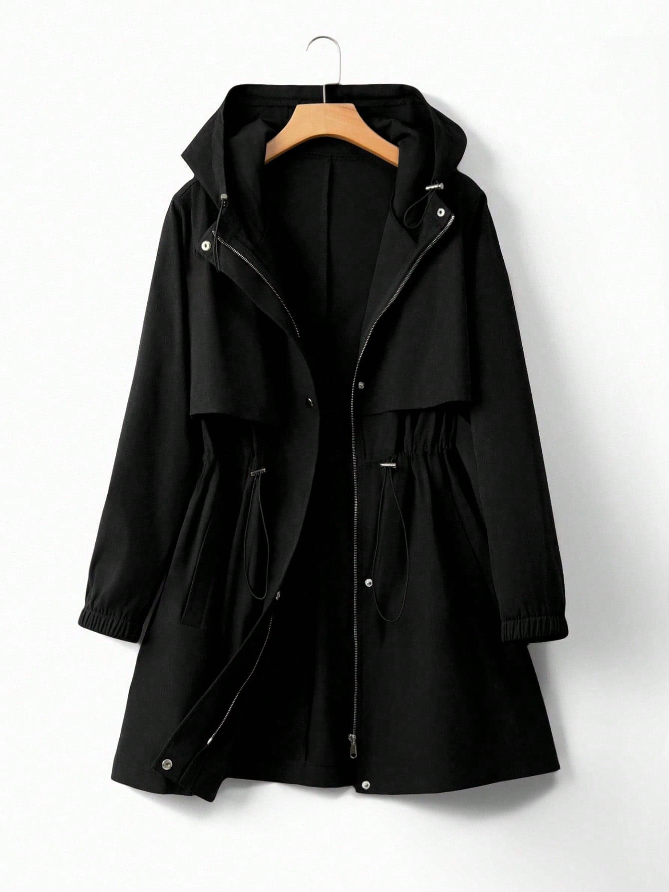 SHEIN LUNE CURVE Plus Size Women Cinched Waist Hooded Windbreaker Jacket, Korean Style Casual Elegant Loose Fit High-End Summer Outerwear Fall