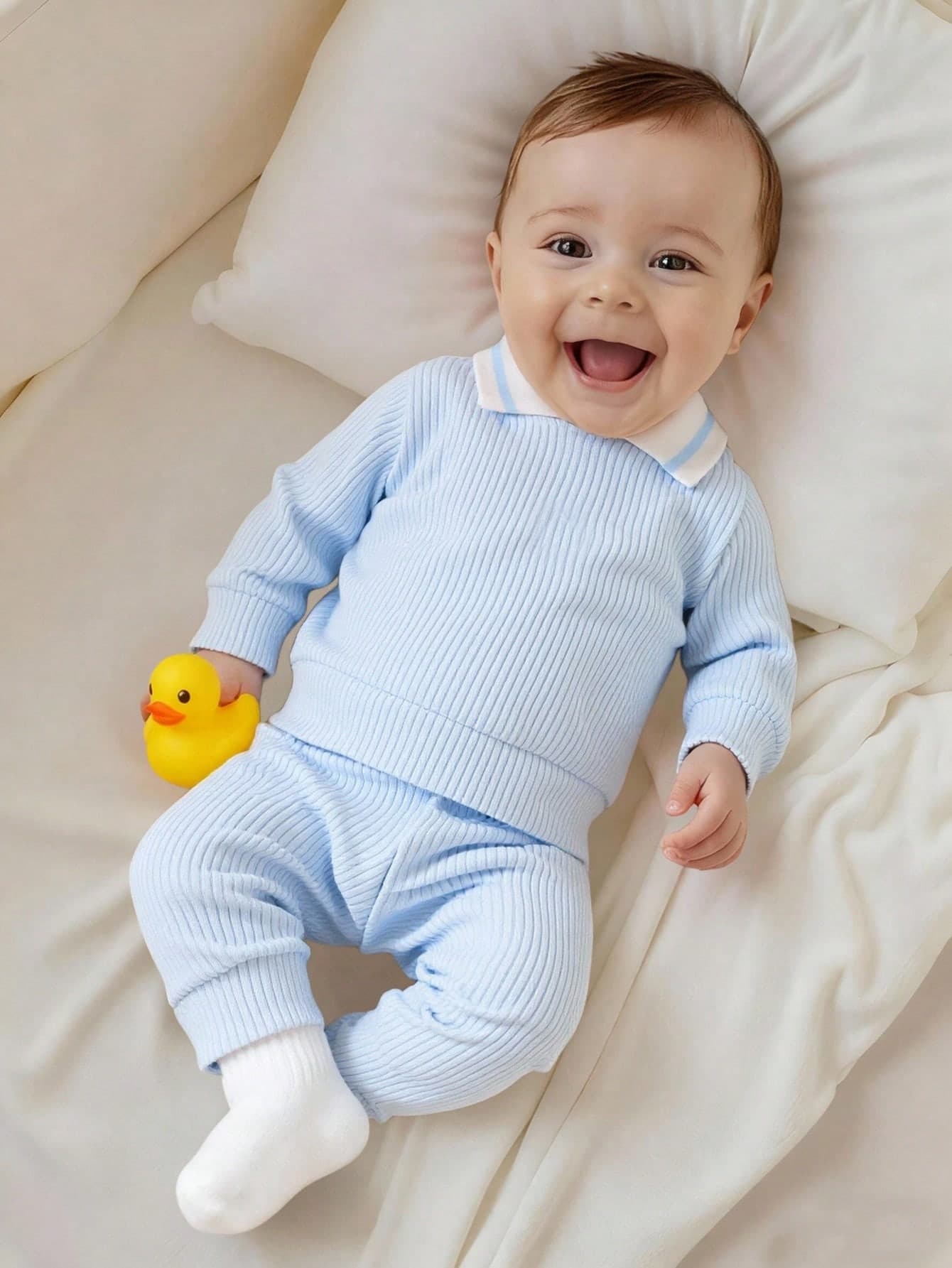 SHEIN 2pcs Newborn Baby Boy Autumn Outfit, Knitted Collar Long Sleeve Top And Solid Color Long Pants Set Fall Winter