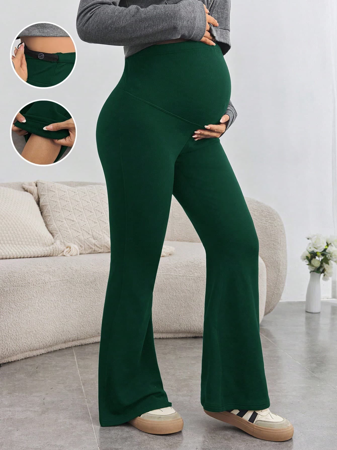 SHEIN Maternity Yoga Pants For Pregnant Women,Sage Green,Autumn,Casual,Gym High Waisted Skinny Flare Leg Leggings With Adjustable Waist Pregnancy Clothes