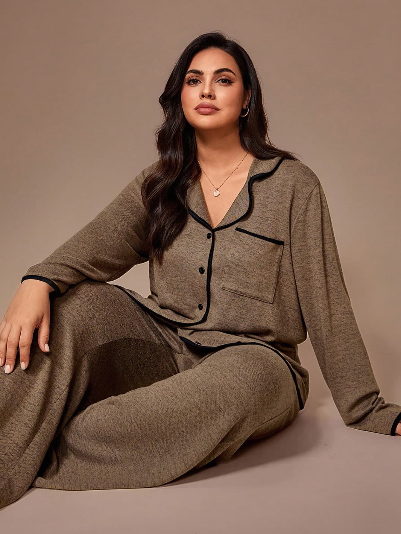 Lazeform Plus Size Soft Knit Floral Mesh Contrast Color French Casual Top With Buttons & Pants, Loungewear/Sleepwear Set, Fall Winter Clothes, Cozy Outfit