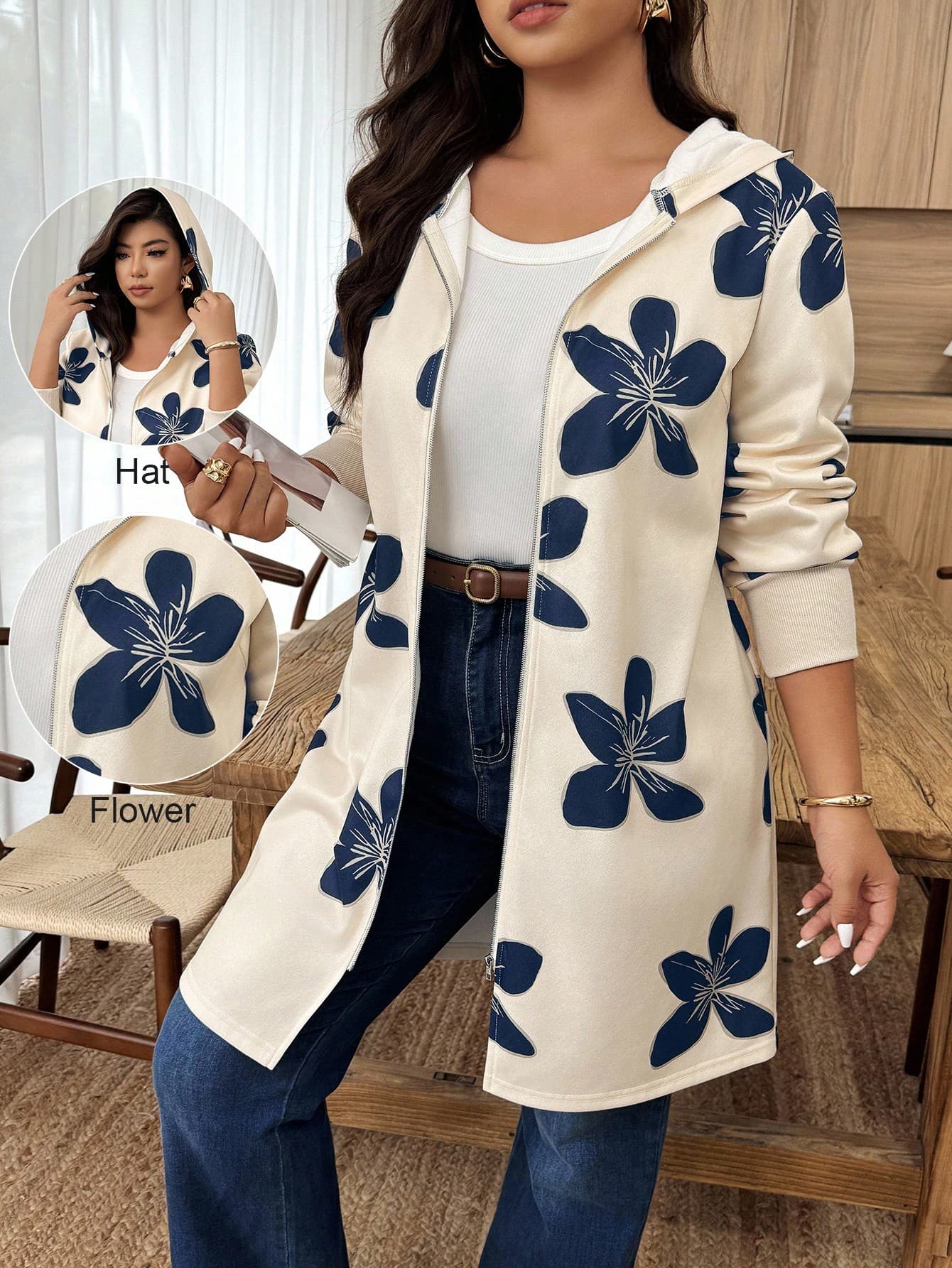 Weeklong Plus Size Women Floral Print Long Sleeve Zip Front Casual Hooded Jacket, Random Print Winter Fall Autumn