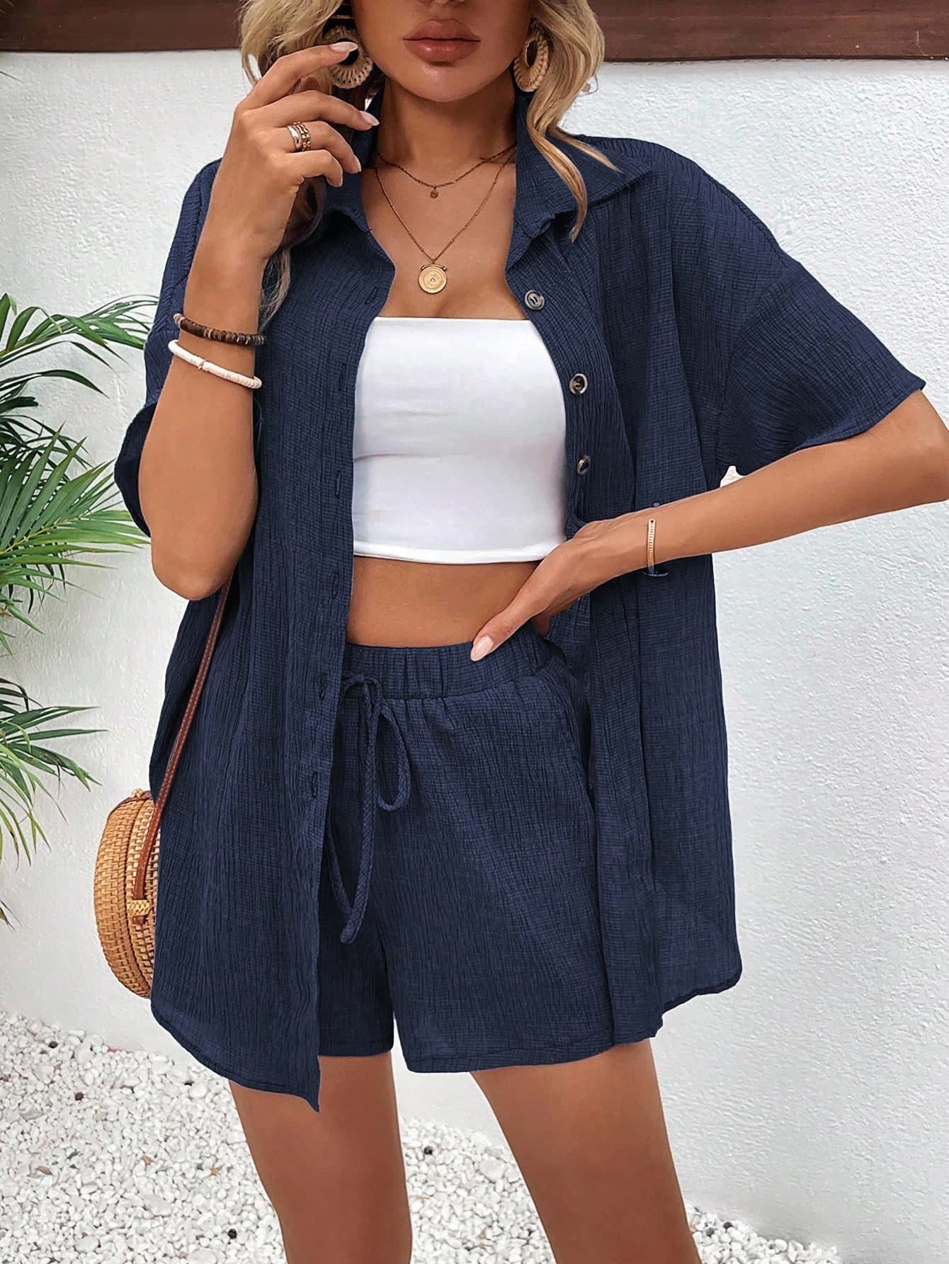 EMERY ROSE Women's Collared Cardigan And Shorts 2 Pieces Set