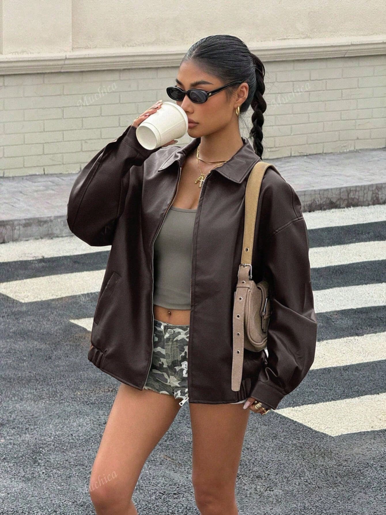 Muchica Drop Shoulder Zip Up PU Cropped Leather Jacket