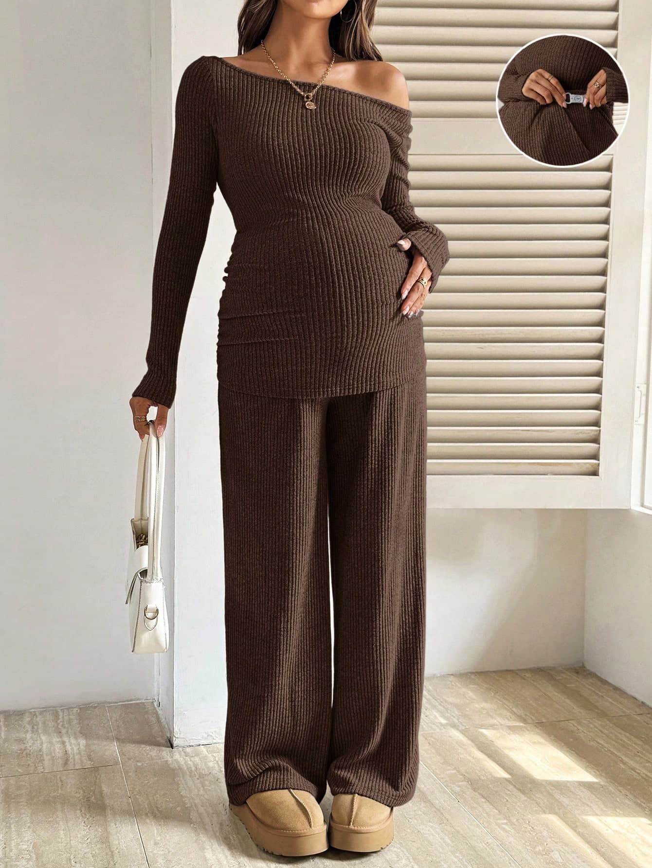 SHEIN 2pcs Maternity Casual Commuting Solid Color Asymmetrical Collar Fitted T-Shirt And Adjustable Waist Wide Leg Pants Set, Spring/Autumn