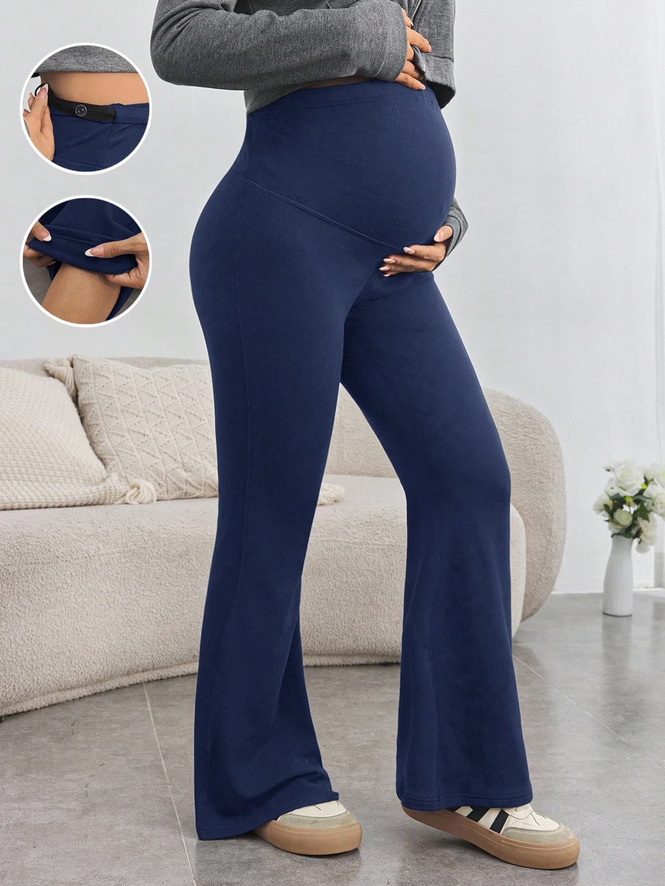 SHEIN Maternity Navy Blue Autumn Casual Gym Yoga Pants,Adjustable Waist Super High Waisted Flared Leggings For Pregnant Women,Skinny Flare Leg Full Length
