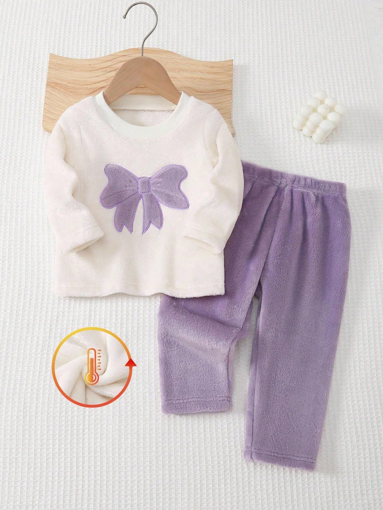 SHEIN 2pcs Baby Girls' Cute Pink Bow Embroidered Fluffy White Long Sleeve Top And Pink Plaid Pants Thickened Autumn/Winter Pajama Set