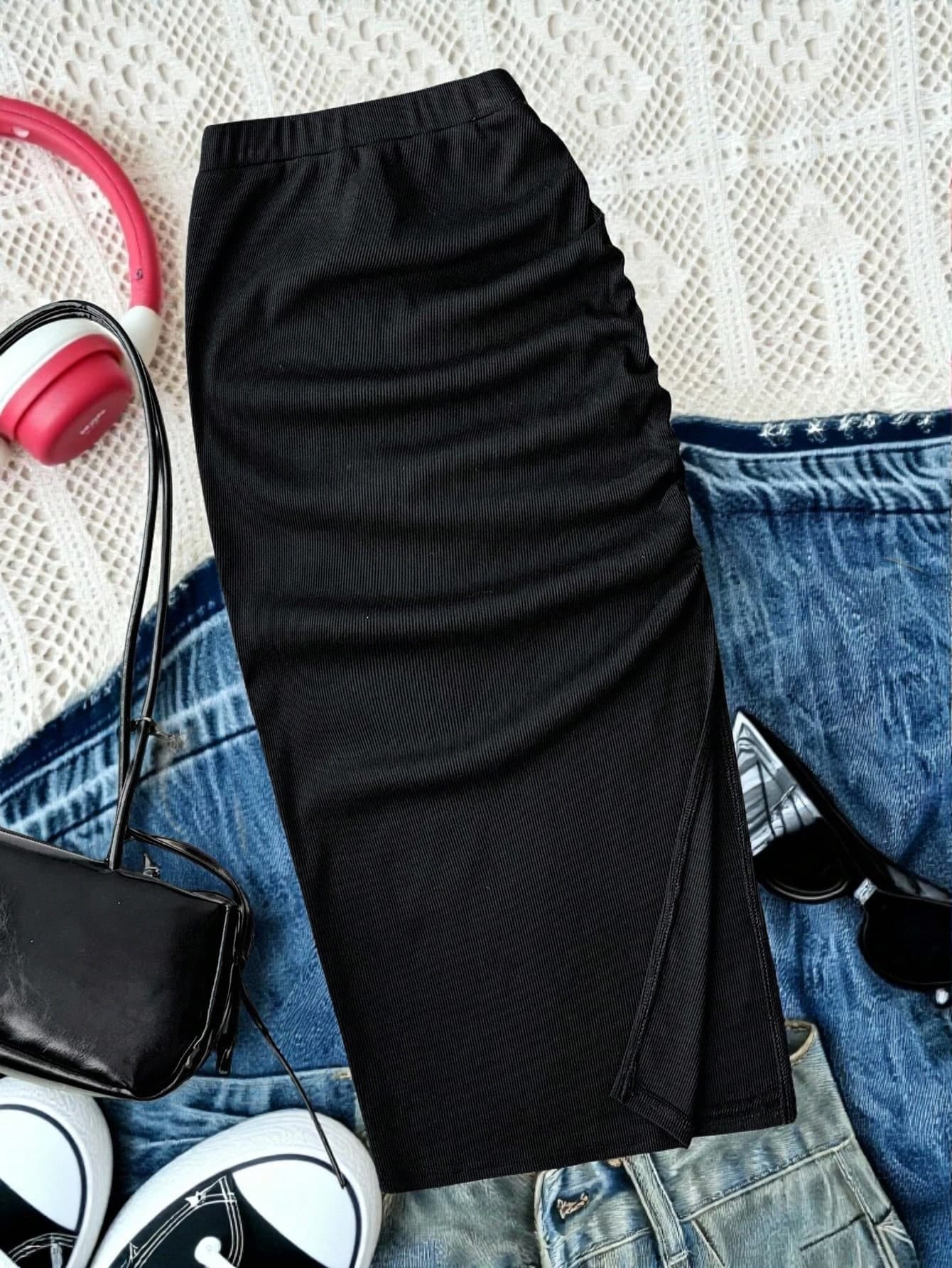 Tween Girl High Waist Pleated Slit Hem Ribbed Knit Skirt Black Clothes Ribbed Skirt Black Skirt Midi Skirt Fall Winter