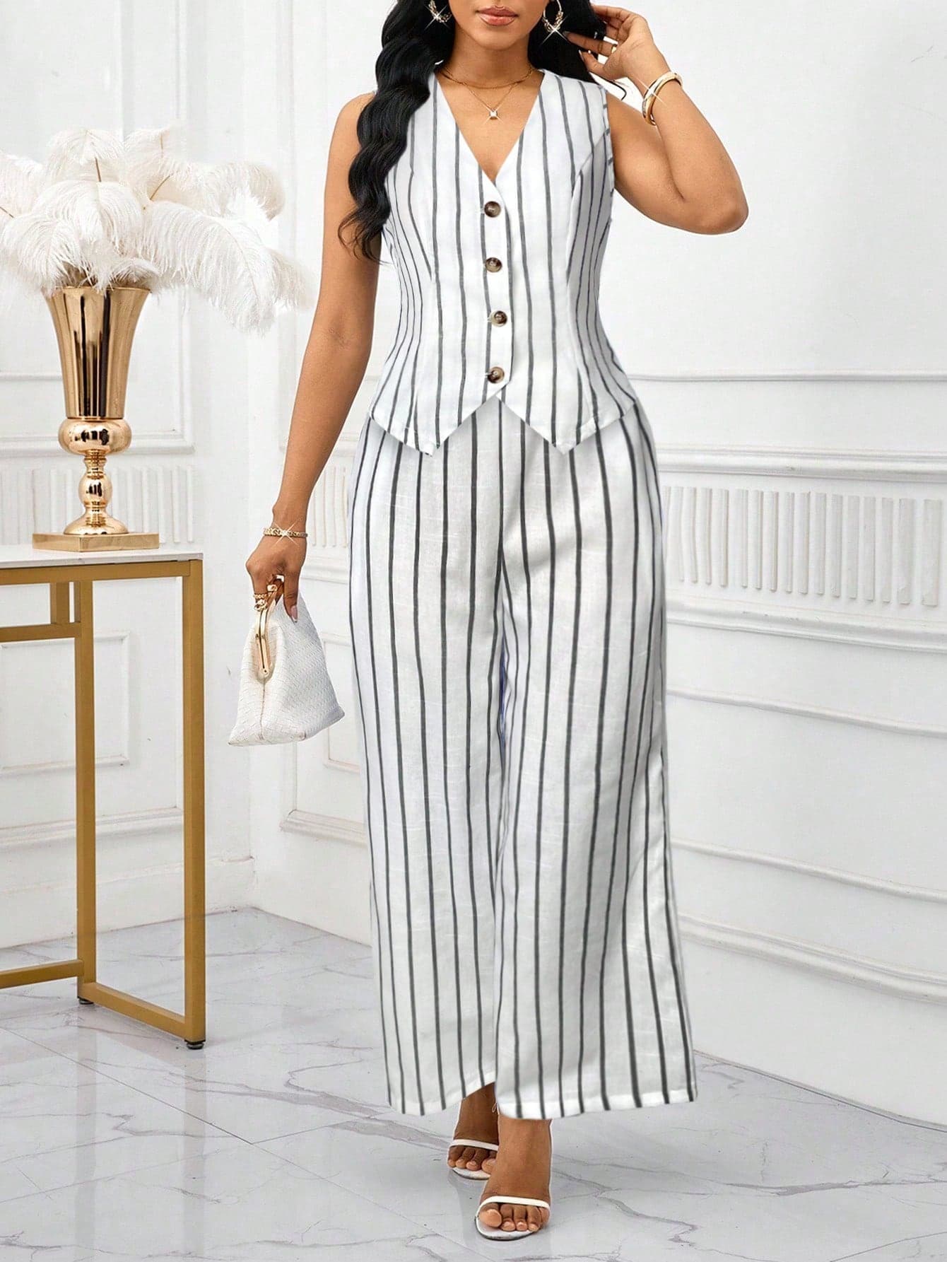 SHEIN Lady Women's Black And White Stripped V Neck Sleeveless Jumpsuit With Wide Leg Pants