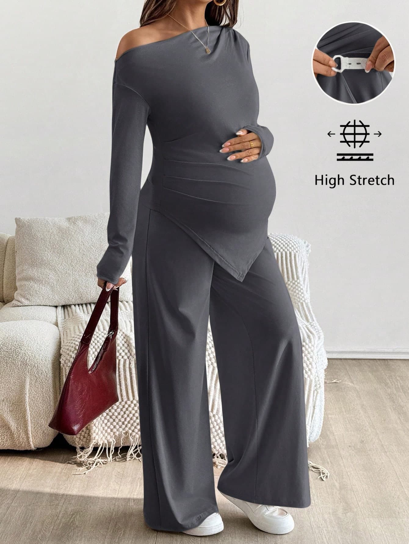 SHEIN 2pcs Maternity Casual Solid Asymmetric Top And Pants Set Matching Palazzo 2 Pieces Pregnancy Clothes Two Outfits