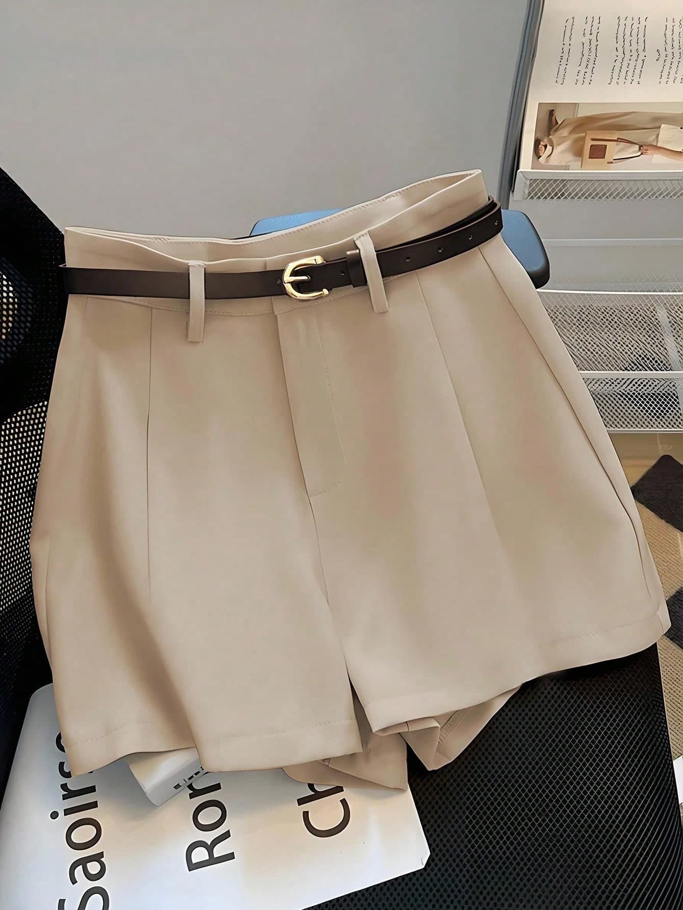 Franclia Women's Casual High Waist Khaki Plain Color Belted Shorts, Fashion Versatile Summer New Style Female Pants