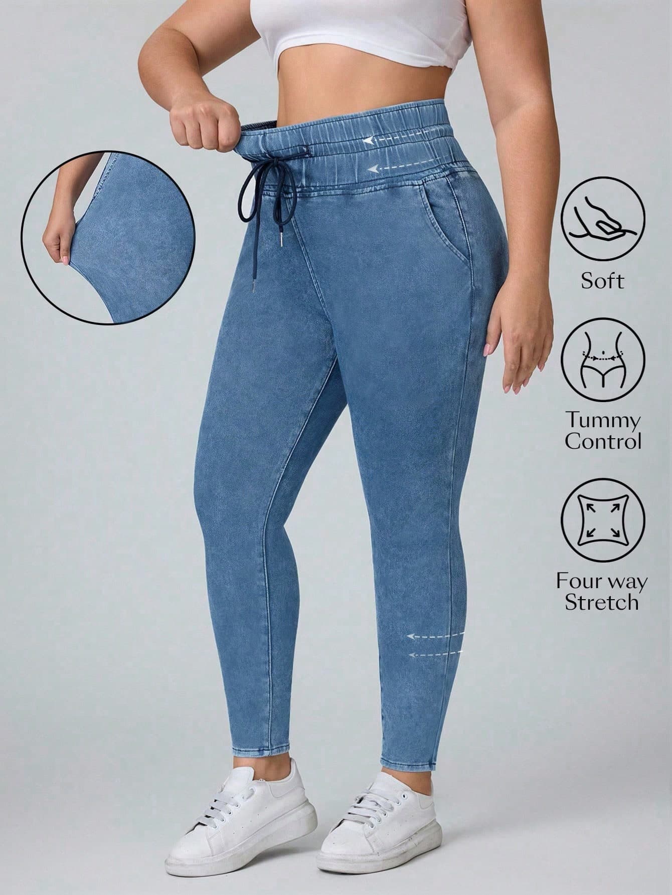 Flexra Plus Size Women Drawstring Waist Pocket Skinny Casual Jeans,Fall Clothes For Women