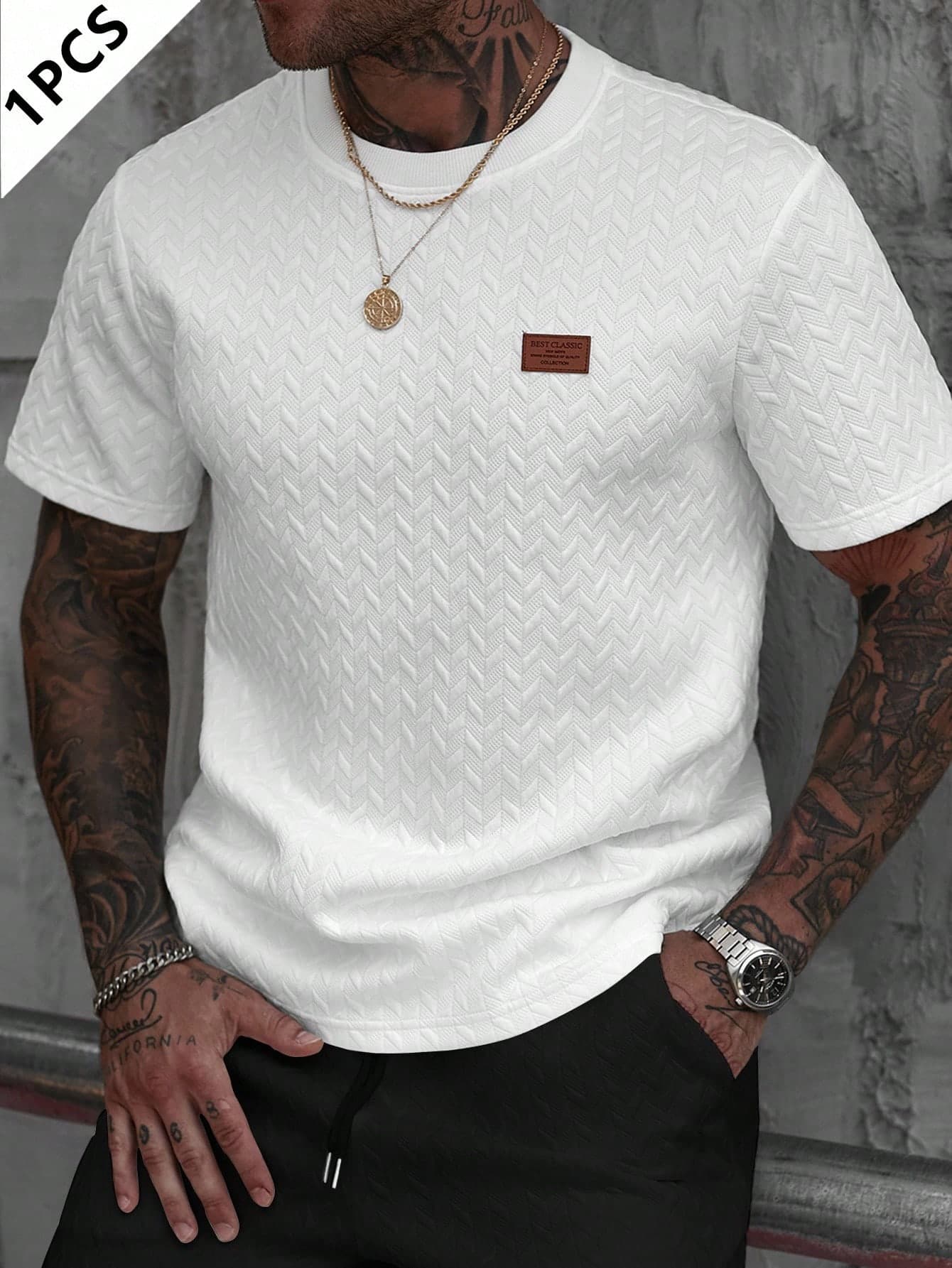 Manfinity CasualCool Men's White Summer Casual City Break Jacquard Ribbed Collar Short Sleeve T-Shirt,Fashionable Pattern Tshirt,Versatile Daily Casual Wear Men Clothes