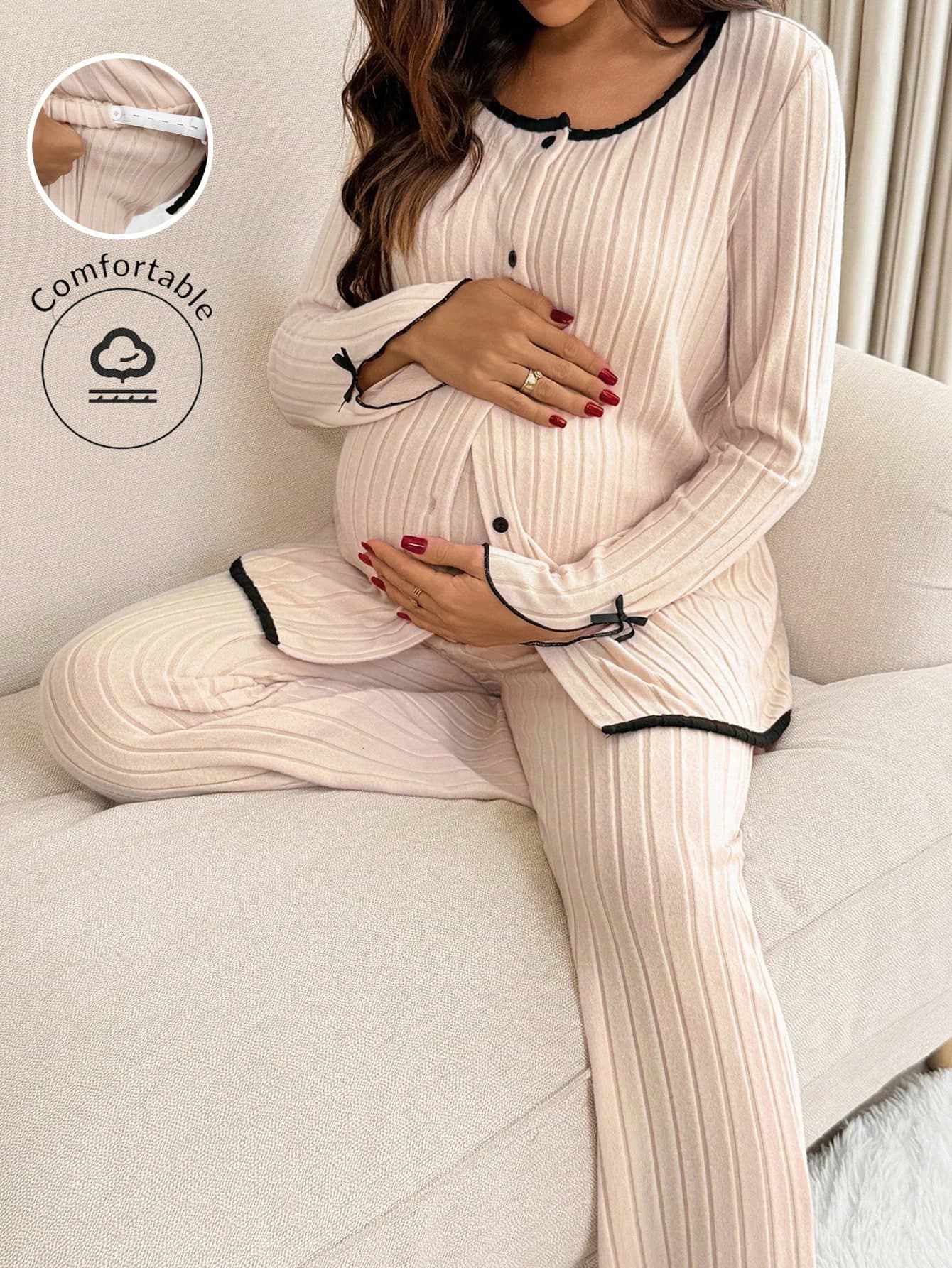 Slowluna 2pcs Maternity Contrast Trim Long Sleeve Top And Pants Set,Pajama,Loungewear,Sleepwear 2 Pieces Lounge Sets Woman Co Ords Casual Clothes Two Suits