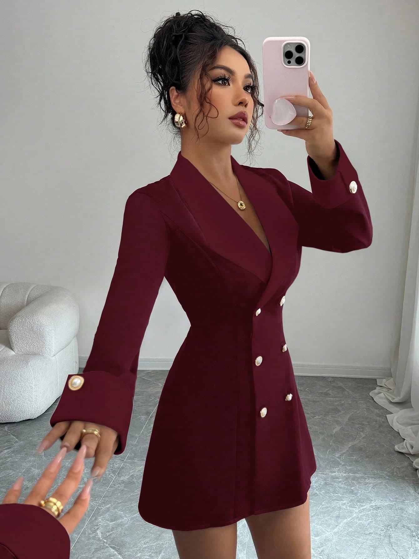 Elenzga Elegant Burgundy Red Autumn Office Women's Minimalist Claret Long Sleeve Open Front Double-Breasted Short Dress,Formal Dinners Christmas