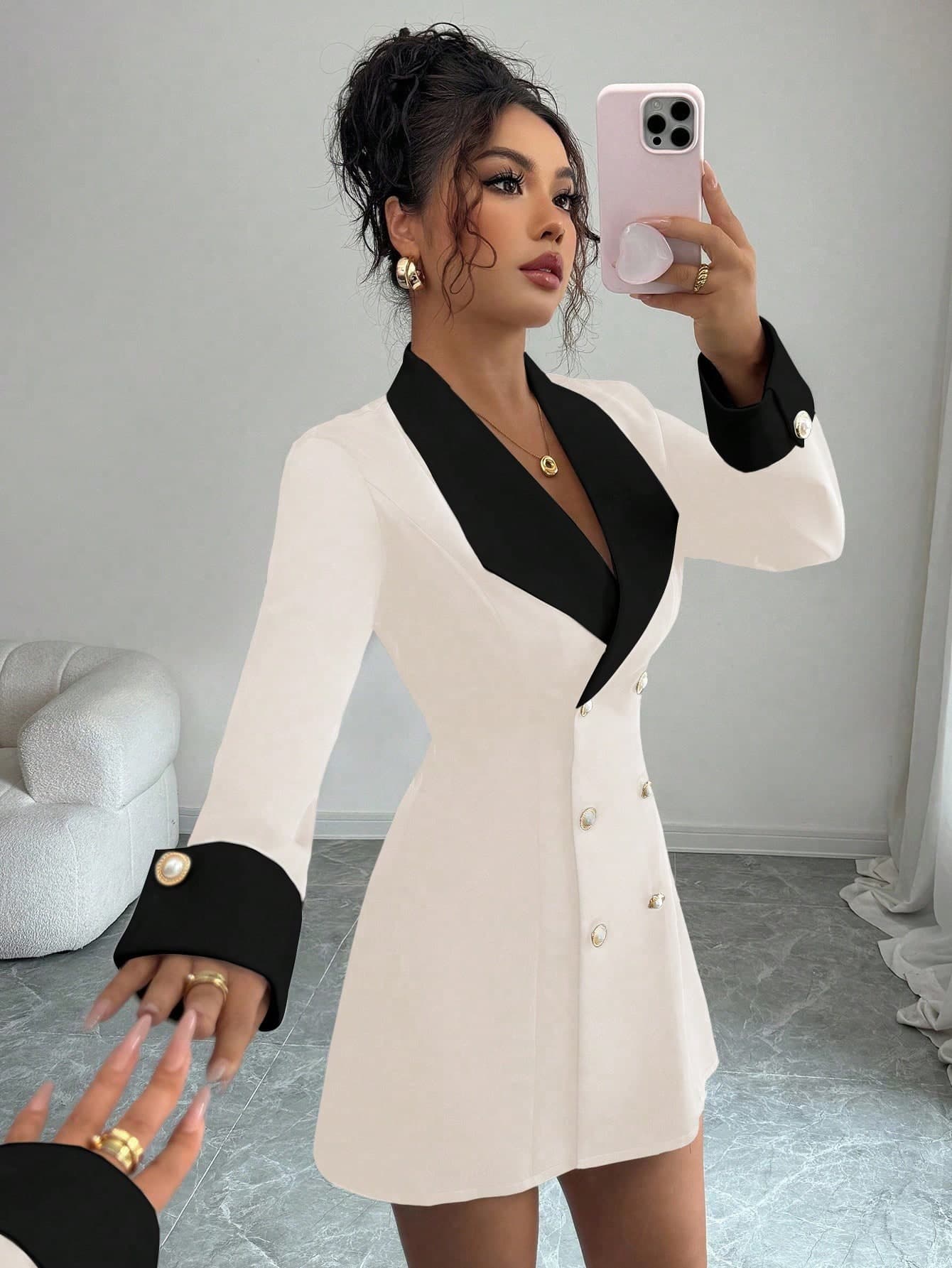 SHEIN LUNE Elegant Black And White Autumn Woven Long Sleeve Double-Breasted Short Dress,Minimalist High-End Contrast Open Front Day Party Formal Dinner Dress