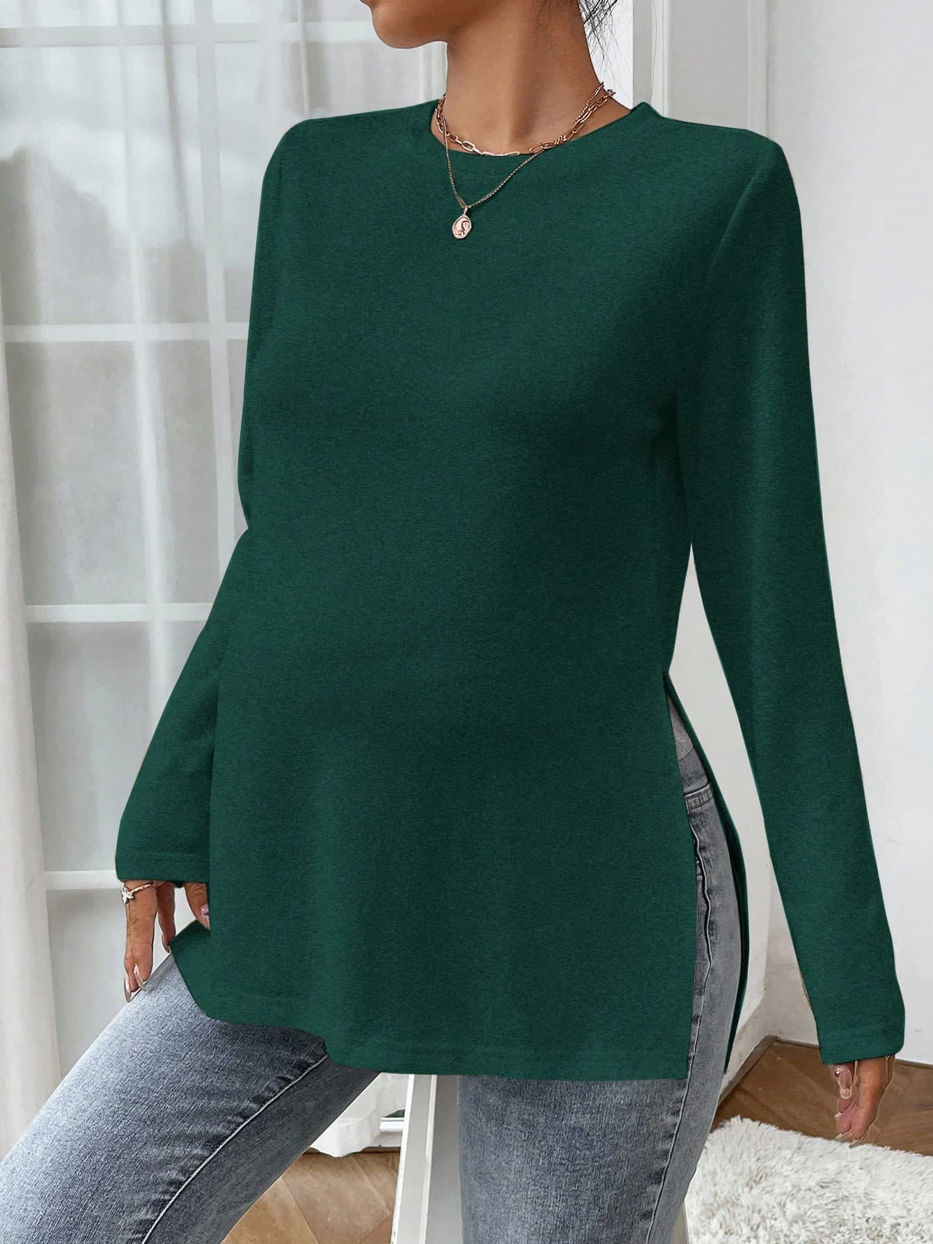 SHEIN Maternity Autumn Side Slit Round Neck Long Sleeve T-Shirt,Dark Green Everyday Smart Casual Solid Color Modest Emerald Green Top For Women Fall