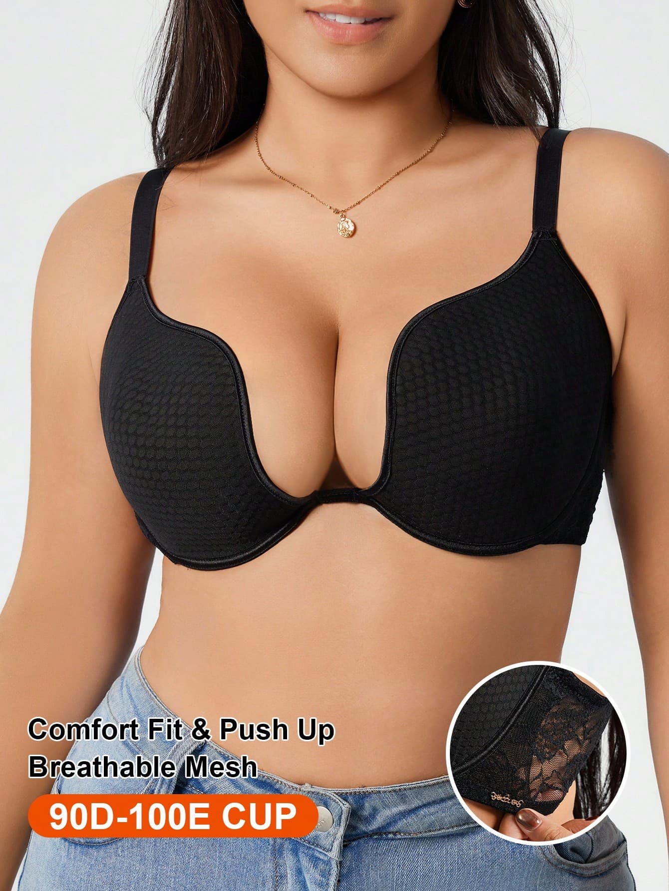 DesireSculpt Plus Size Black Lace Patchwork Cup Bra, Lift