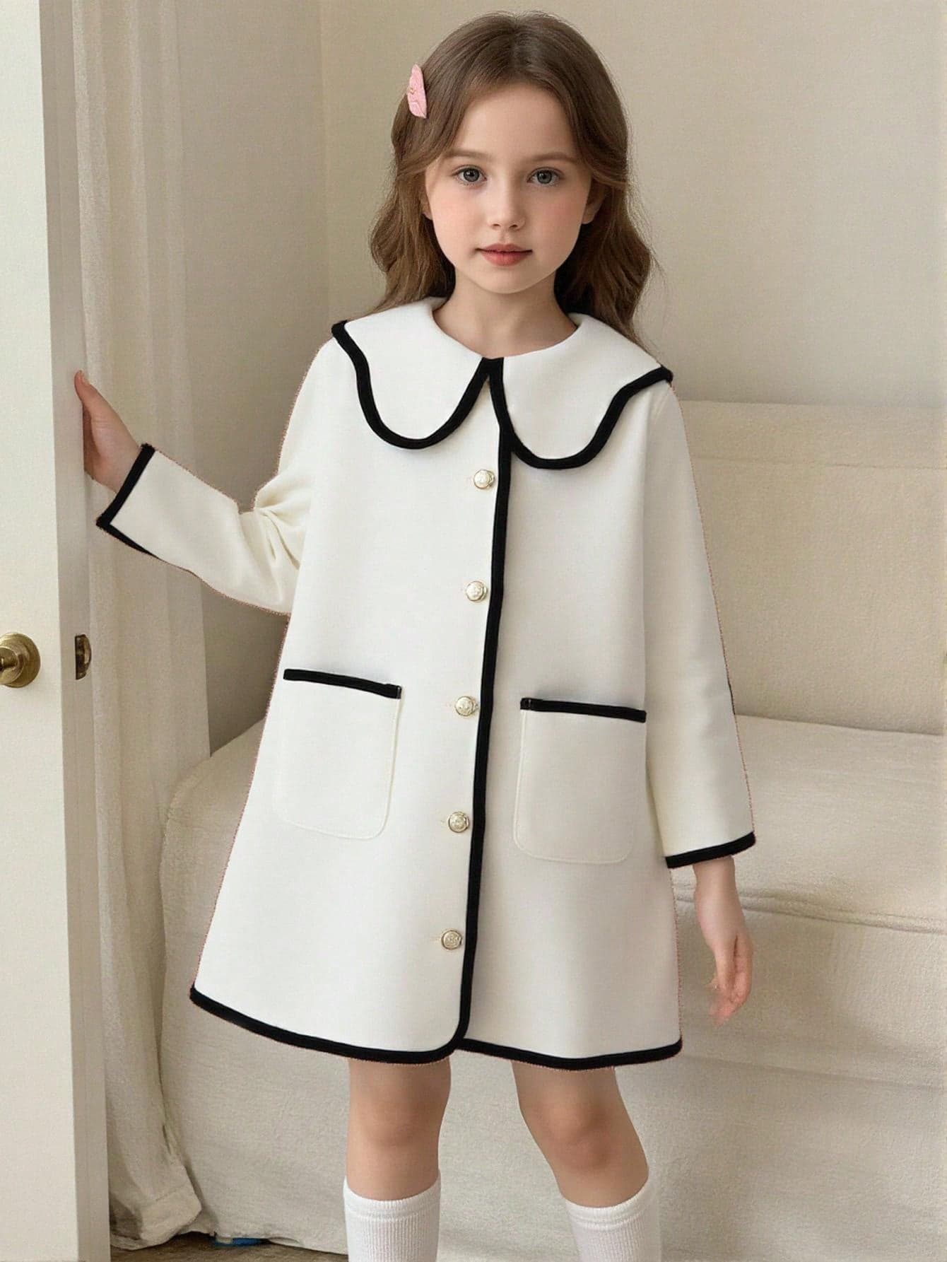 Elladie kids 1pc Young Girl' Comfortable Casual Elegant Contrast Collar Button Front Pocket Long Sleeve Jacket, Suitable For Autumn/Winter Daily Wear Fall
