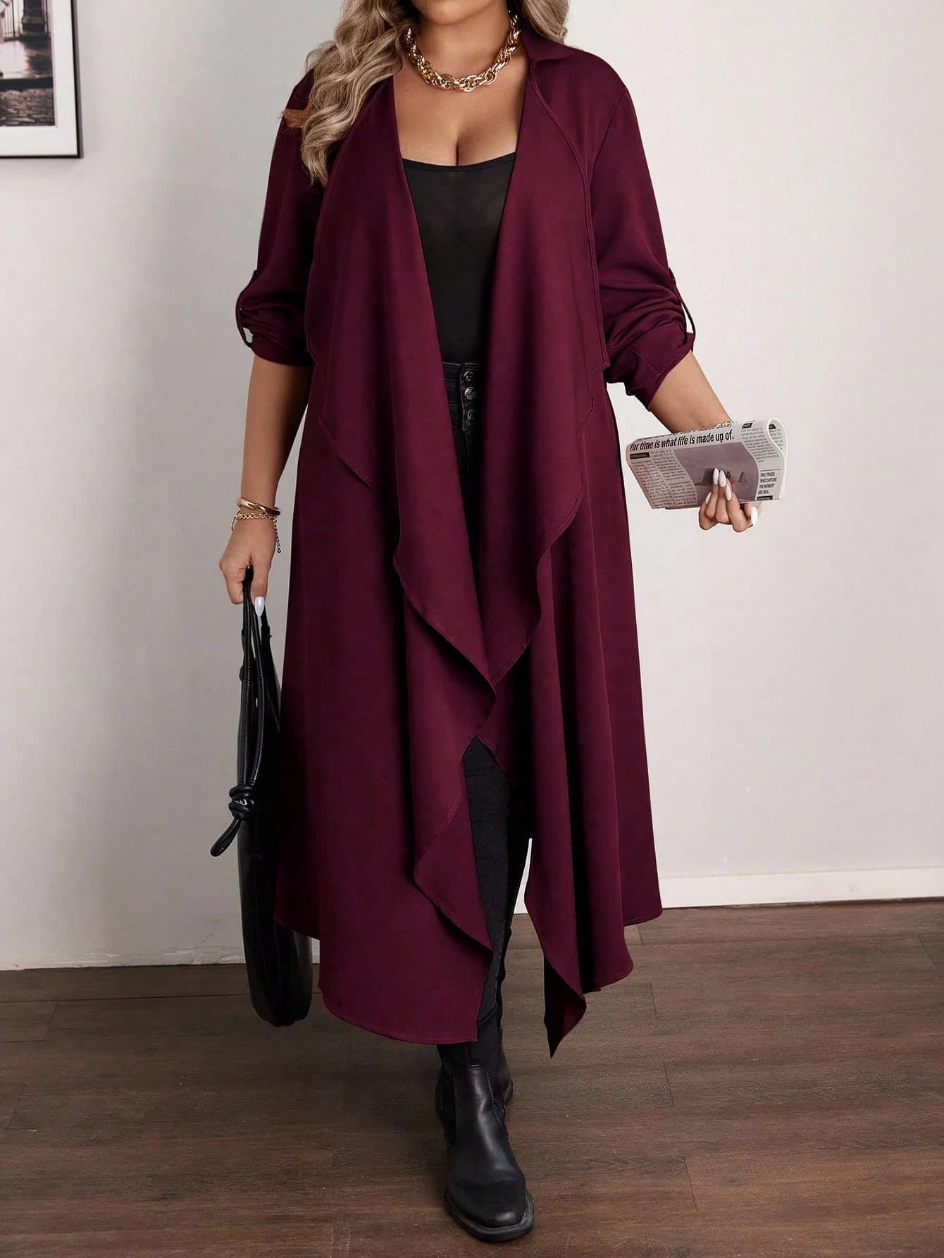 Vionelle Women's Plus Size Elegant Formal Autumn Casual Waterfall Collar Long Jacket,Ladies Asymmetrical Hem Long Coat Burgundy Cardigan Clothes Formal Office