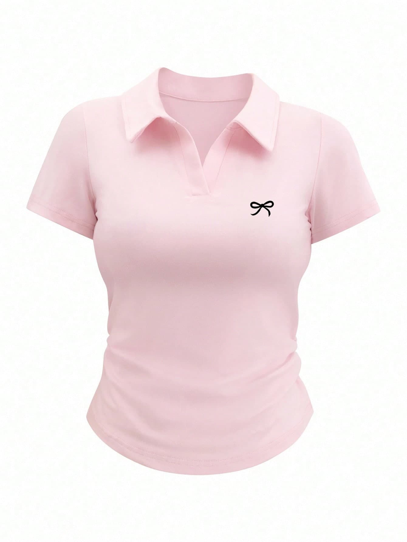 Rina Fox Women Bow Print Pleated V-Neck Short Sleeve T-Shirt