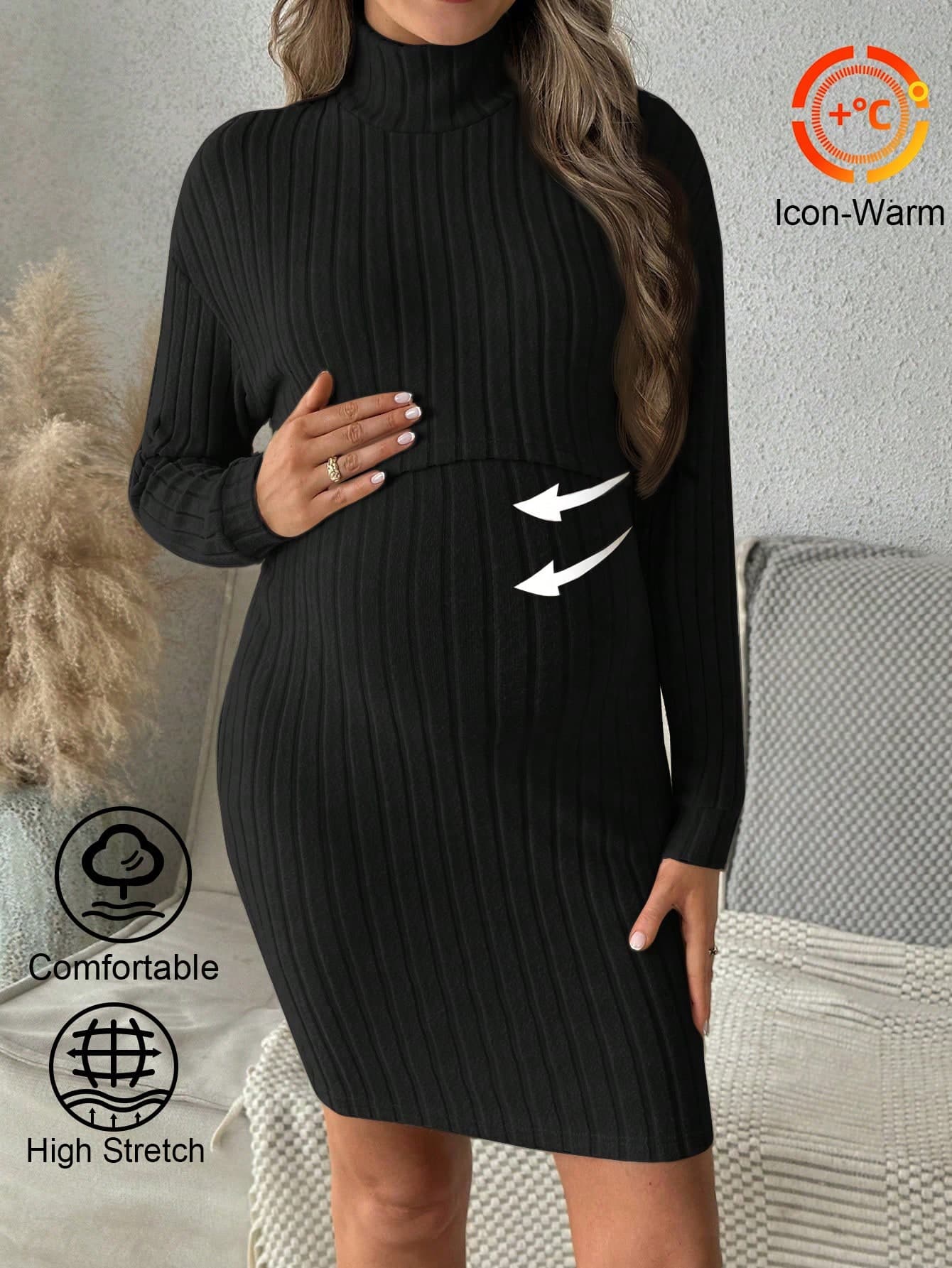 SHEIN 2pcs/Set Maternity Solid Color Turtleneck Long Sleeve Ribbed T-Shirt And Sleeveless Dress, Casual