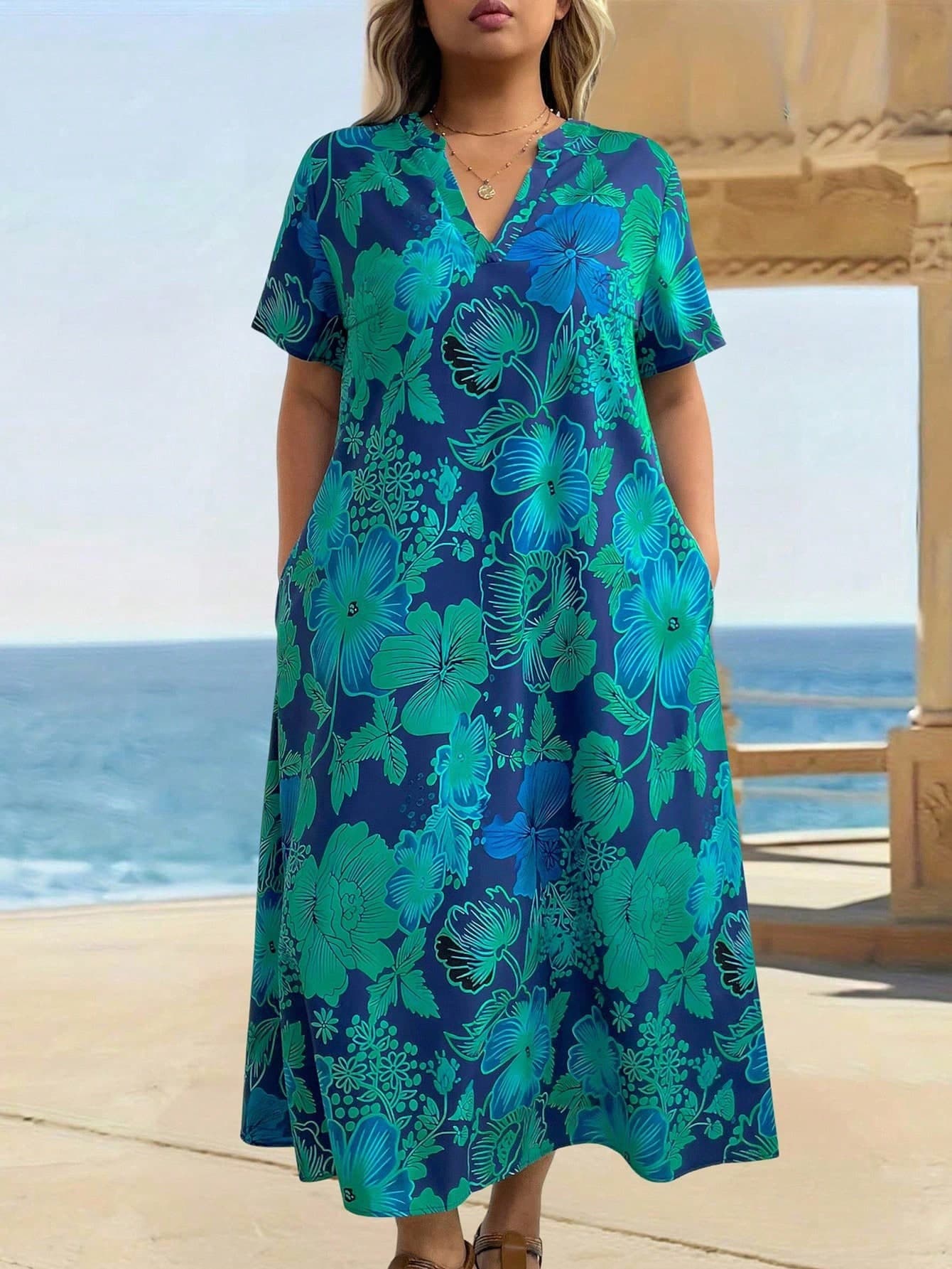 EMERY ROSE Plus Size Women Holiday Floral Print Short Sleeve Pocket Loose Dress Teal