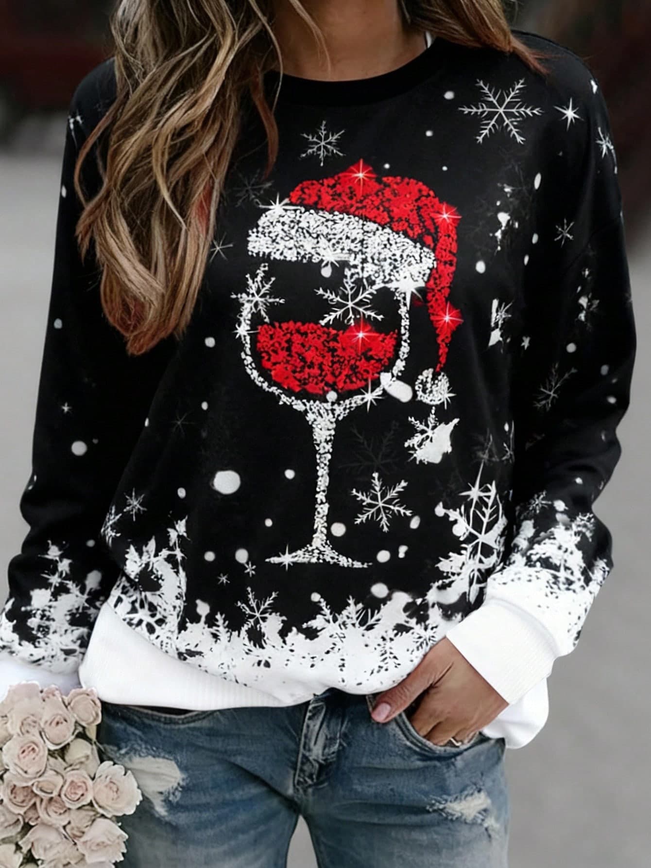 INAWLY Women Black Sweatshirt,Winter Casual Holiday Christmas Wine Glass Snowflake Hat Print,Long-Sleeved Fleece Warm Knitted Sweater,Funny Christmas Gift