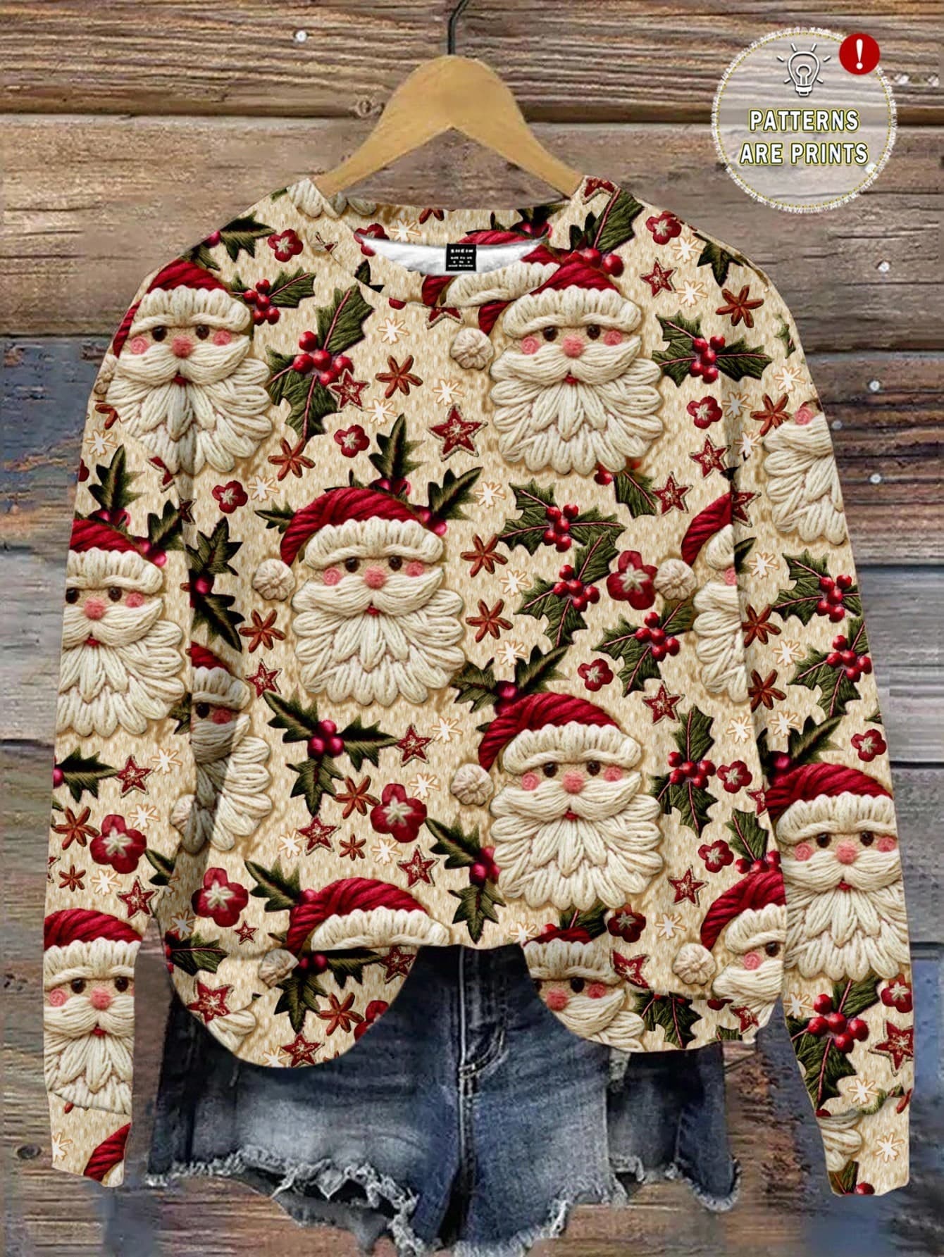 SHEIN LUNE Christmas Faux Fur Santa Hat Casual Minimalist Printed Crew Neck Loose Fit Women Sweatshirt, Autumn/Winter