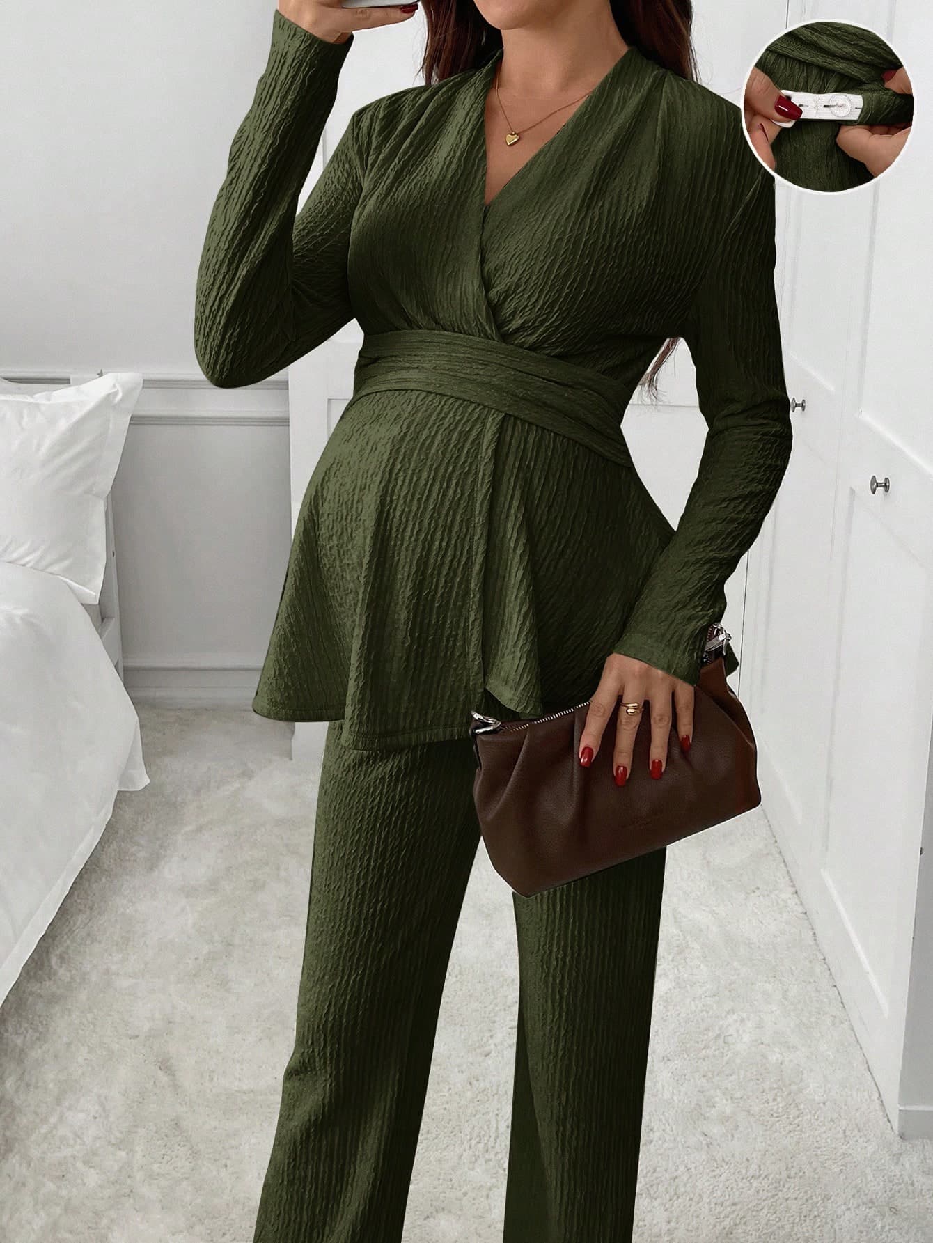 SHEIN 2pcs Maternity Wrap Solid Color Drop Shoulder Long Sleeve Ruffle Casual Stylish Set Two Piece Sets Olive Green Outfit Women Clothes Suits Jumpsuit