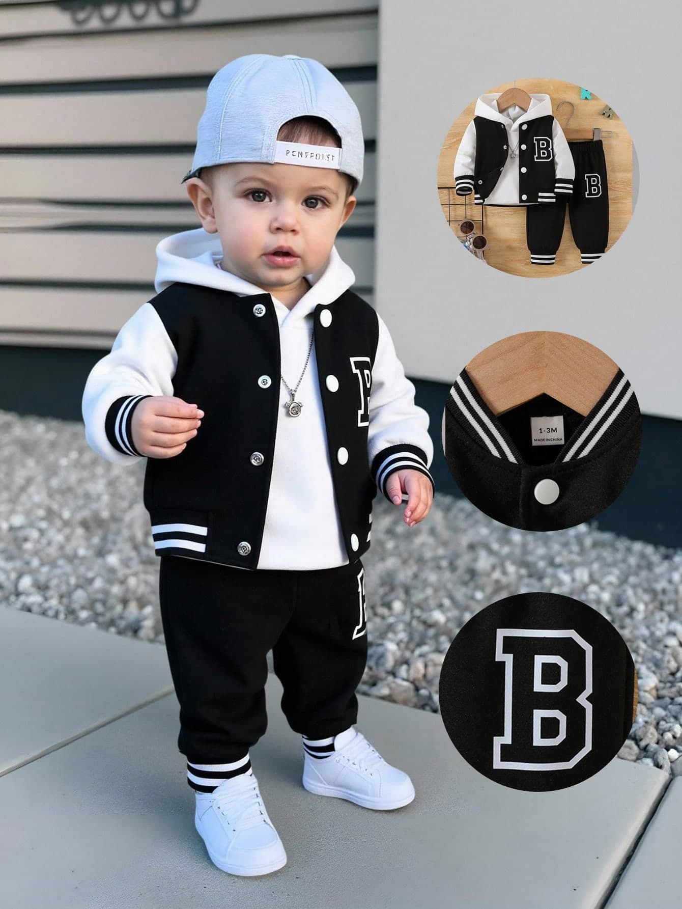 SHEIN Playful Pals Newborn Casual College Style Letter Print Patchwork Jacket And Solid Color Pants Set