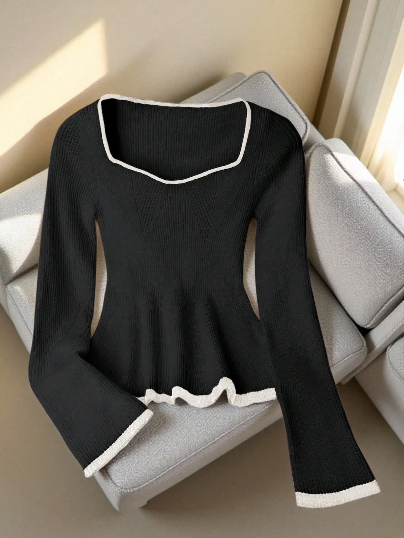 Franclia French Elegant Black And White Square Neck Stretchy Fitted Long Sleeve Knit Sweater,Contrast Trim,Cute Ruffle Hem Top For Office,Autumn,Winter Wear