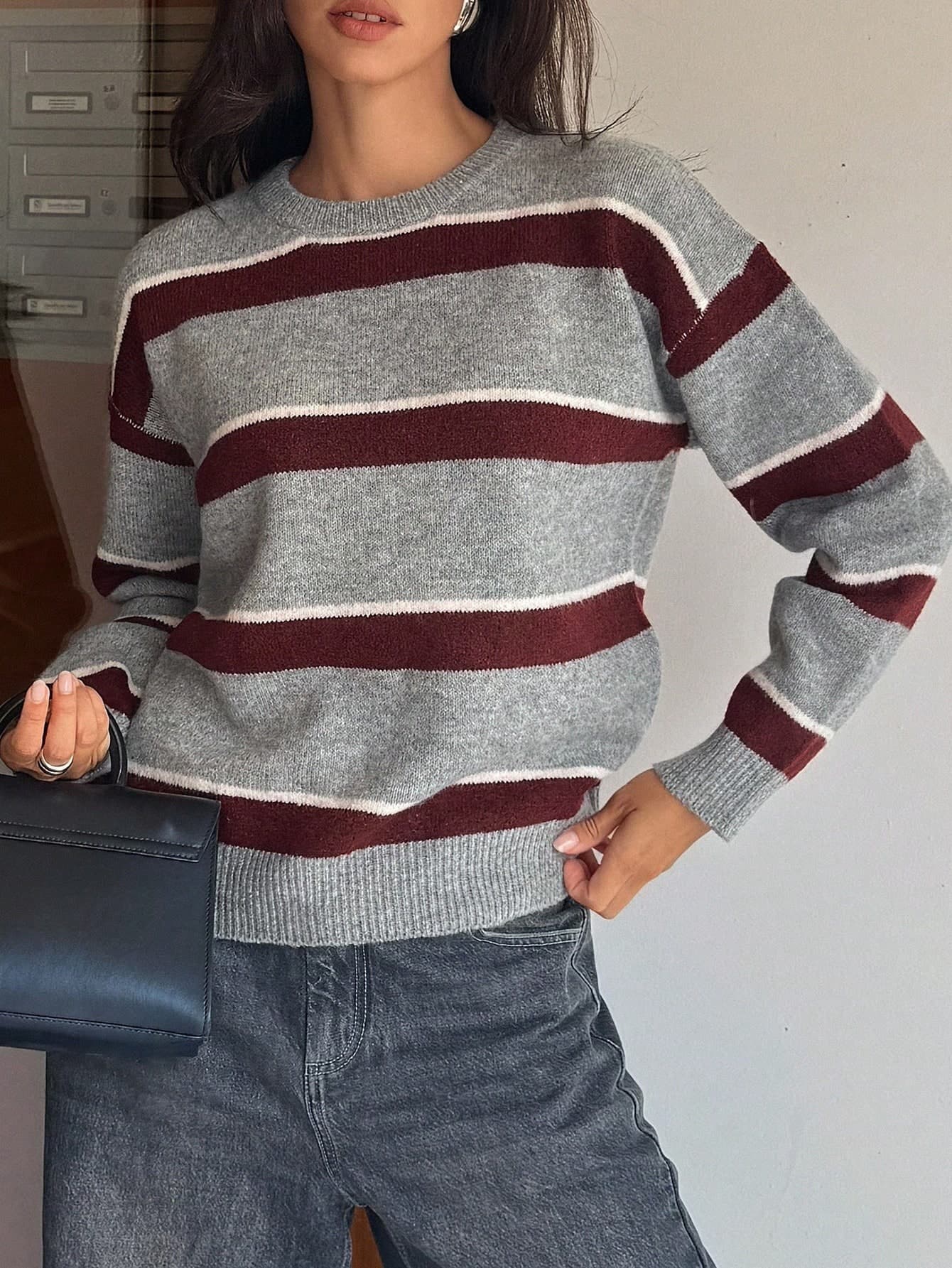 DAZY Women's Casual Striped Loose Fit Crew Neck Sweater, Autumn/Winter Y2k