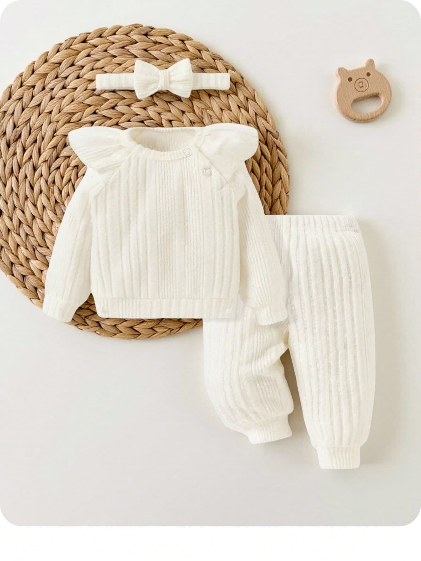SHEIN Newborn Baby Girl Solid Color Ruffle Trimmed Raglan Sleeve Sleeve Top And Pants With Headband, 3pcs/Set, Thin Fabric