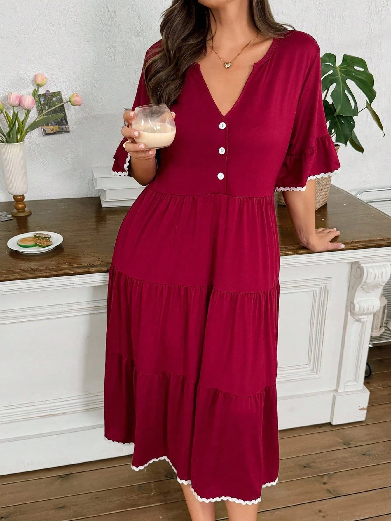 Serenescape Plus Size Loose Nightgown With Ruffled Edge, Ribbon Decor And Layered Ruffle Details, Short Sleeve, Moo Moo Night Dress