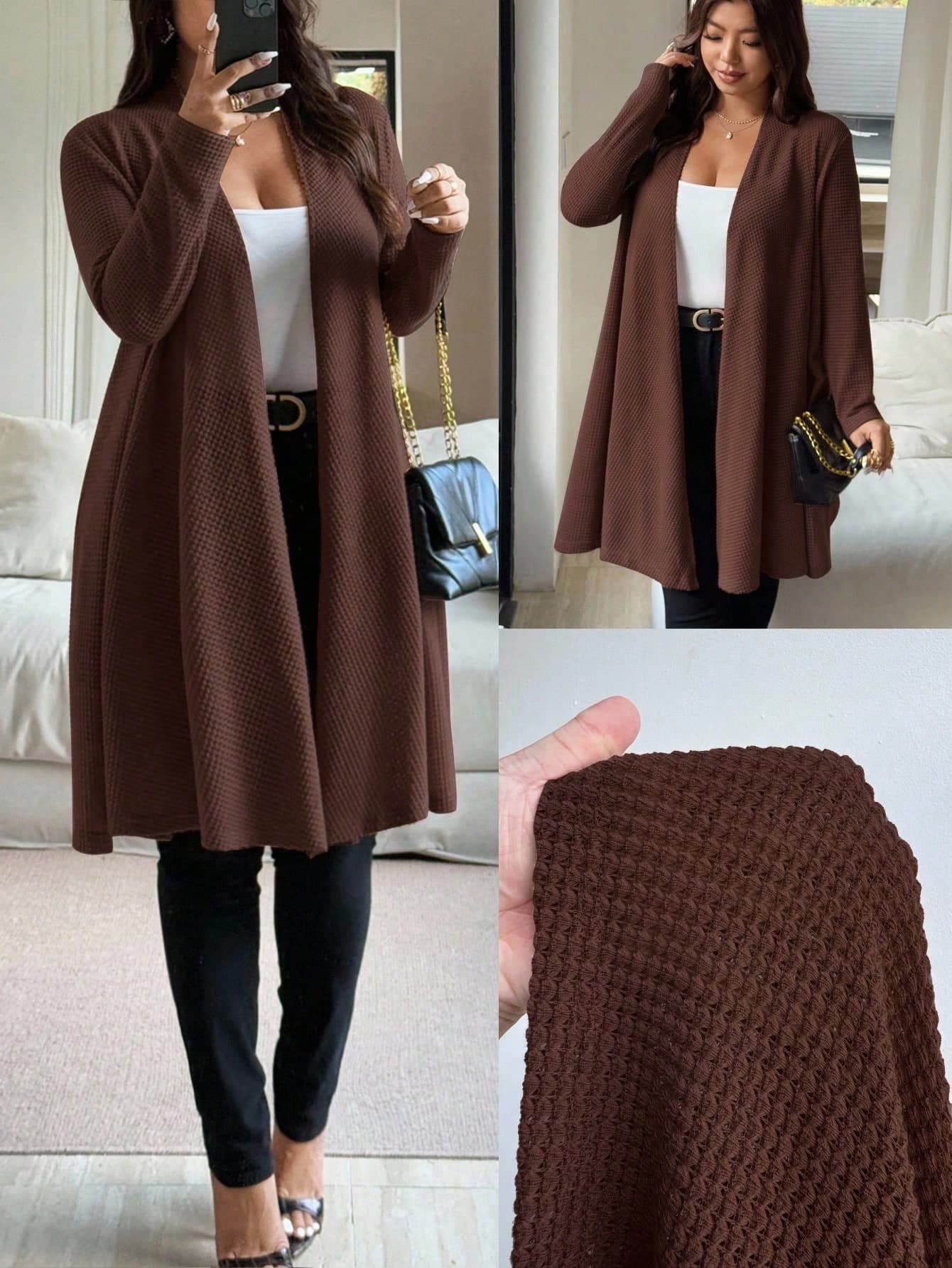 Vionelle Casual Coffee Brown Plus Size Rib-Knit Shawl Collar Coat With Long Sleeves And Thigh Length Sweater Cardigan Curve Bussines Formal Autumn Fall